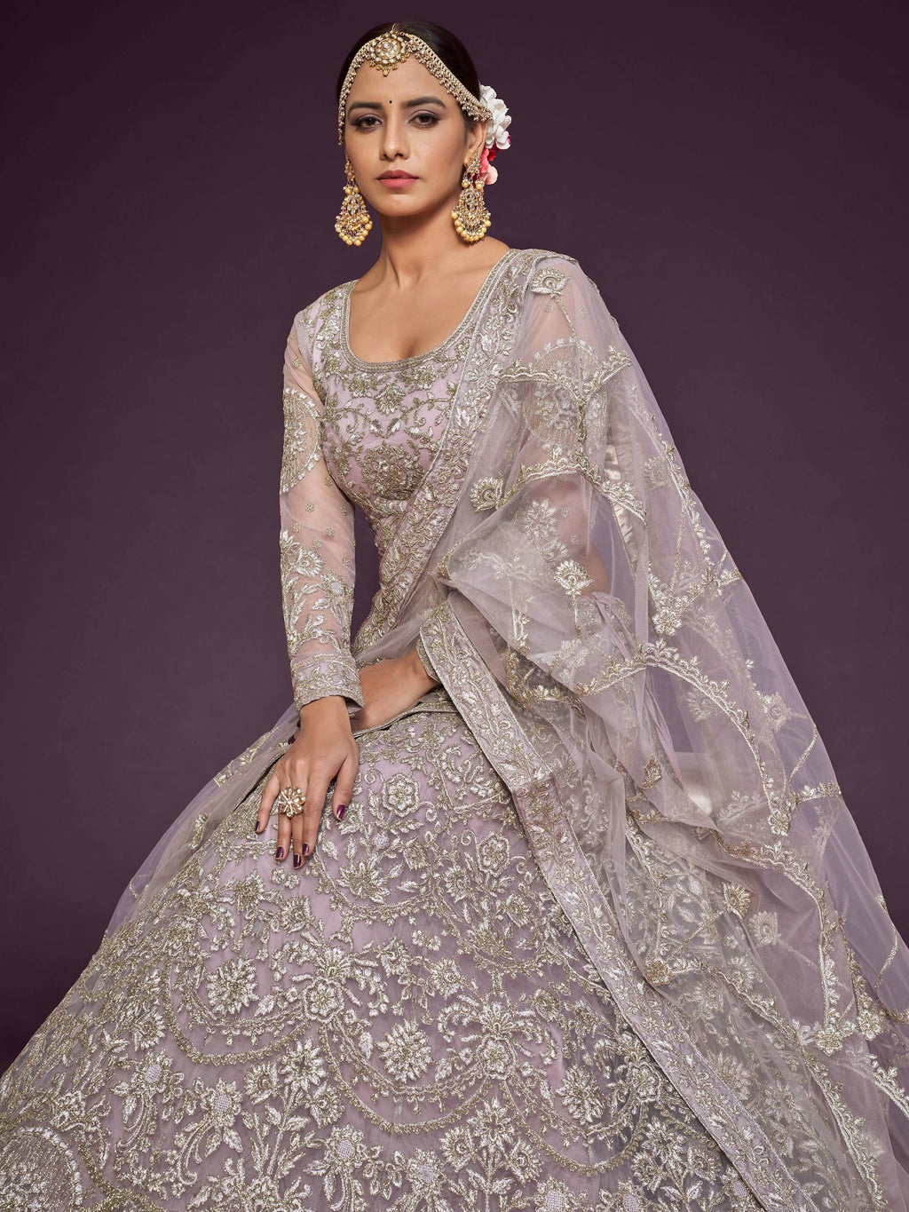Stunning Muave Dori Work Soft Net Party Wear Lehenga Choli