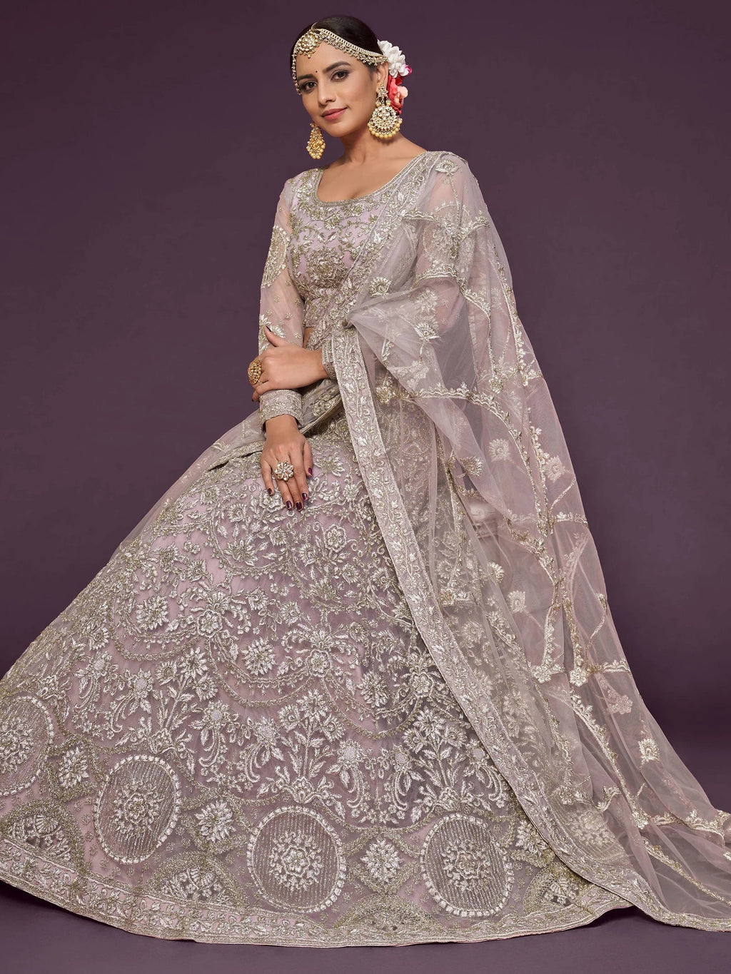 Lavender Muave Dori Work Soft Net Party Wear Lehenga Choli