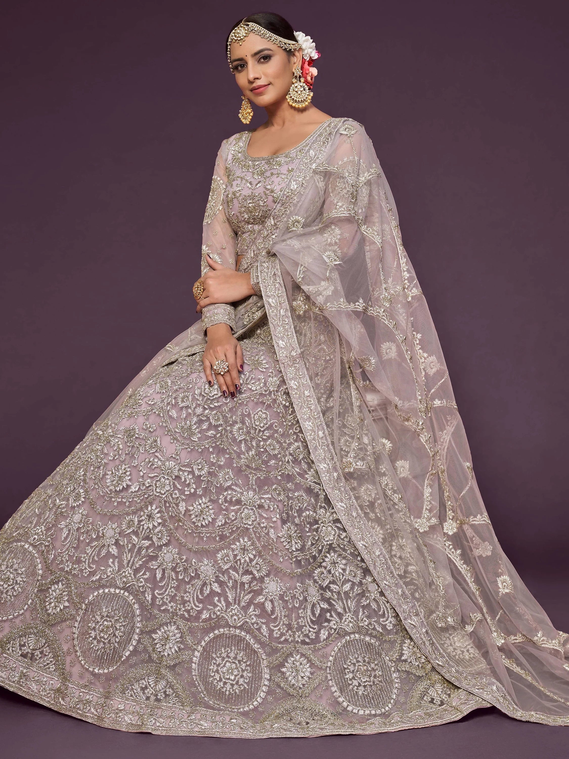 Lavender Muave Dori Work Soft Net Party Wear Lehenga Choli