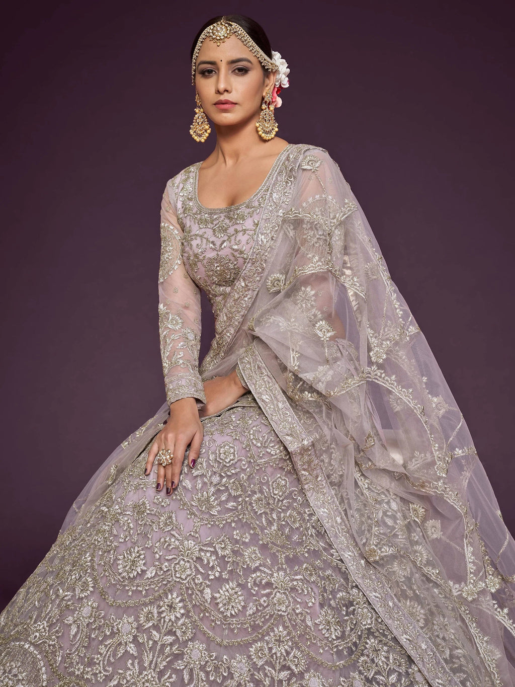 Lavender Muave Dori Work Soft Net Party Wear Lehenga Choli