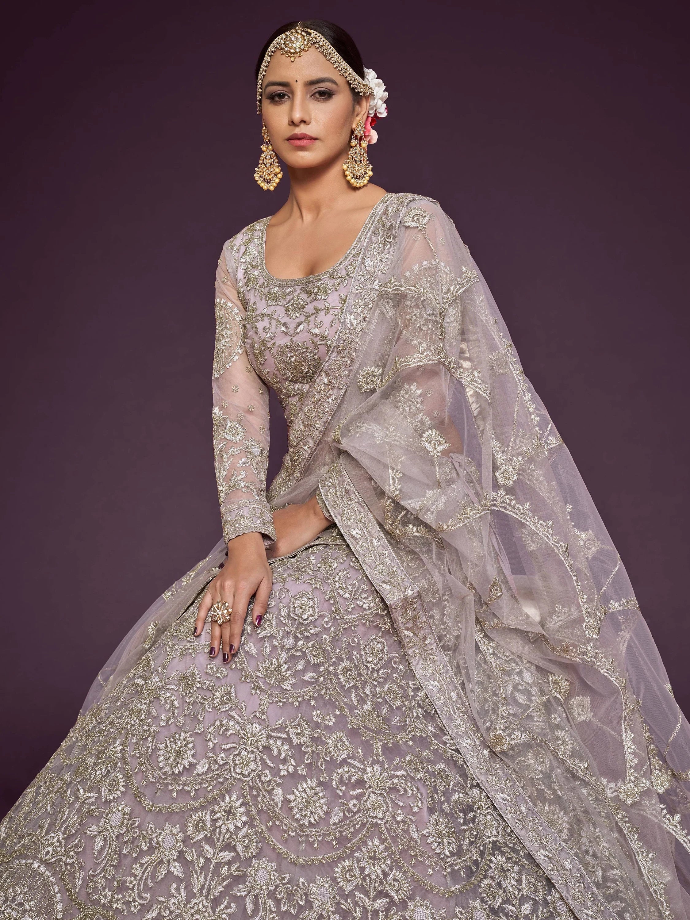Lavender Muave Dori Work Soft Net Party Wear Lehenga Choli