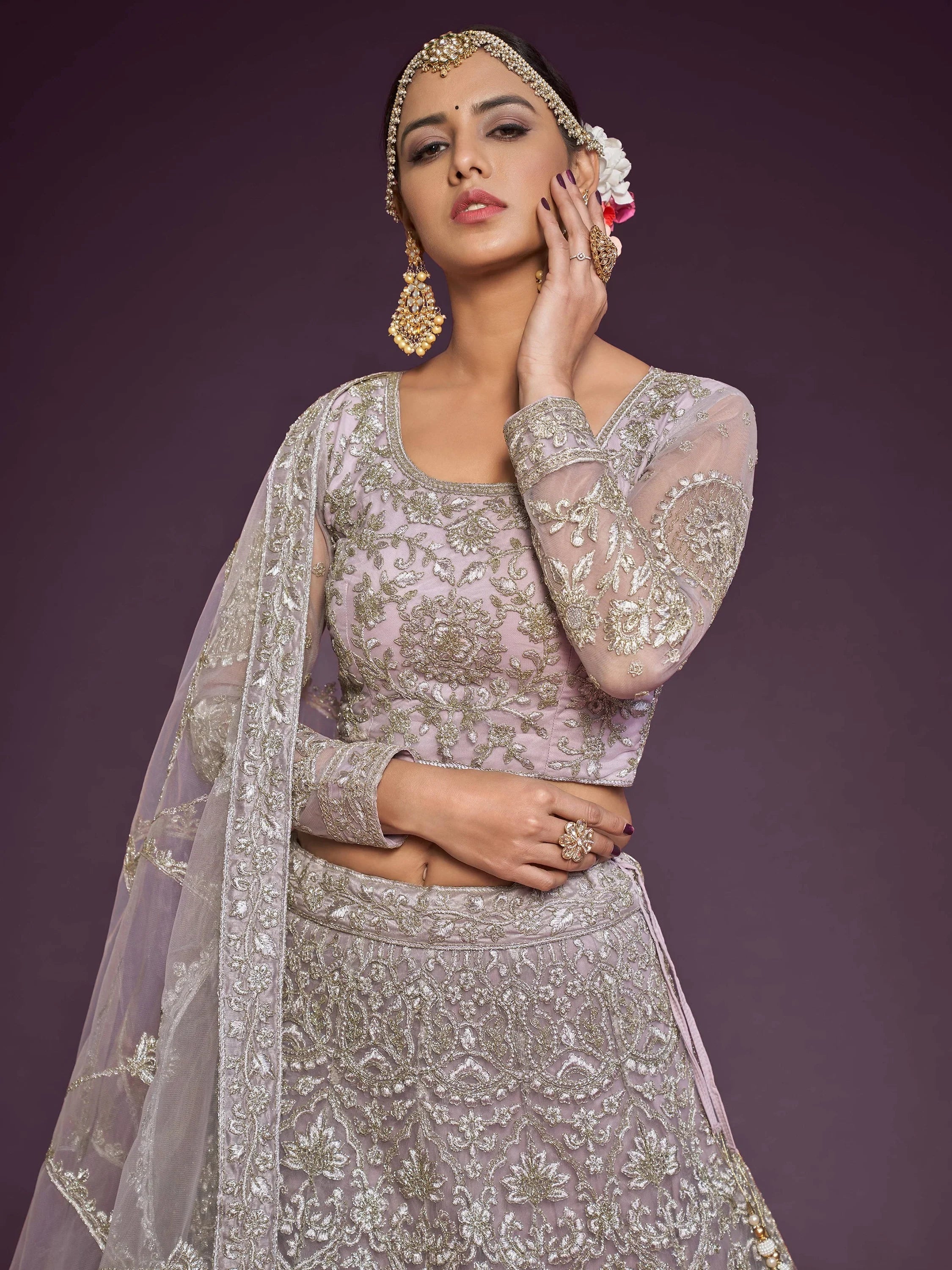 Lavender Muave Dori Work Soft Net Party Wear Lehenga Choli