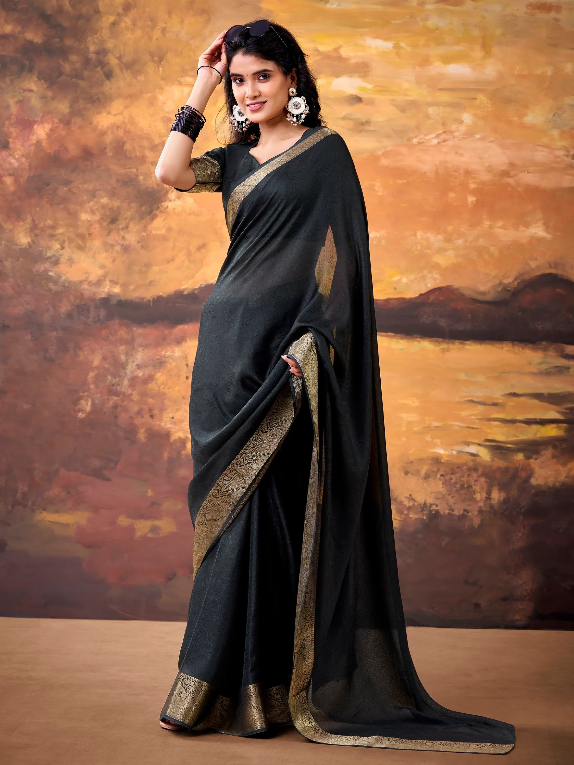 Black Aesthetic Zari Border Georgette Evening Wear Saree With Blouse