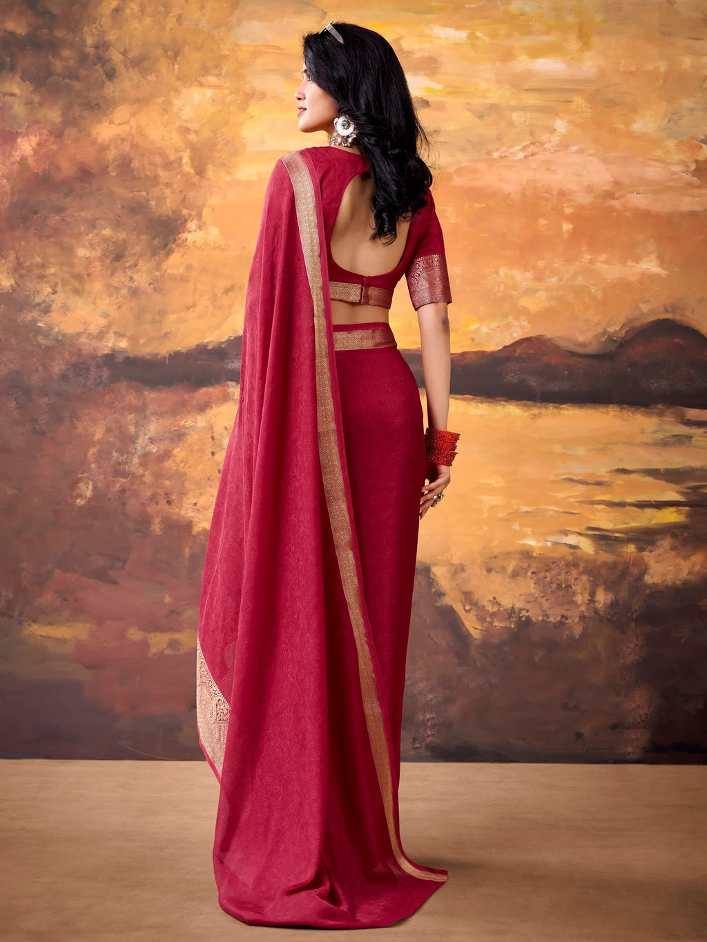 Maroon Aesthetic Zari Border Georgette Evening Wear Saree With Blouse