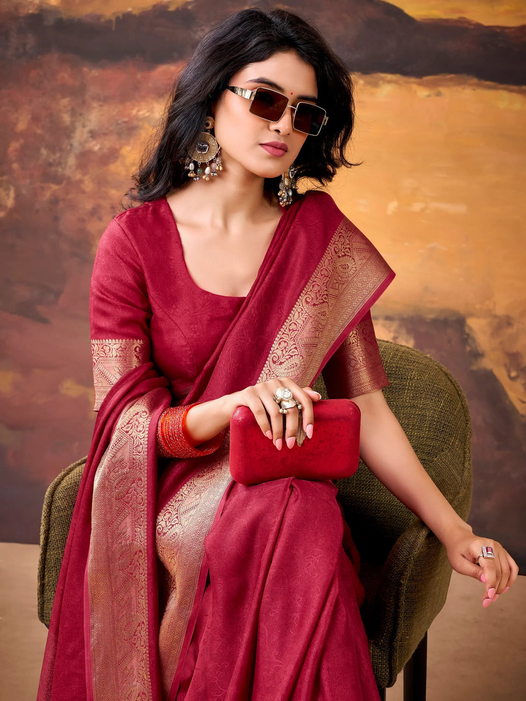 Maroon Aesthetic Zari Border Georgette Evening Wear Saree With Blouse