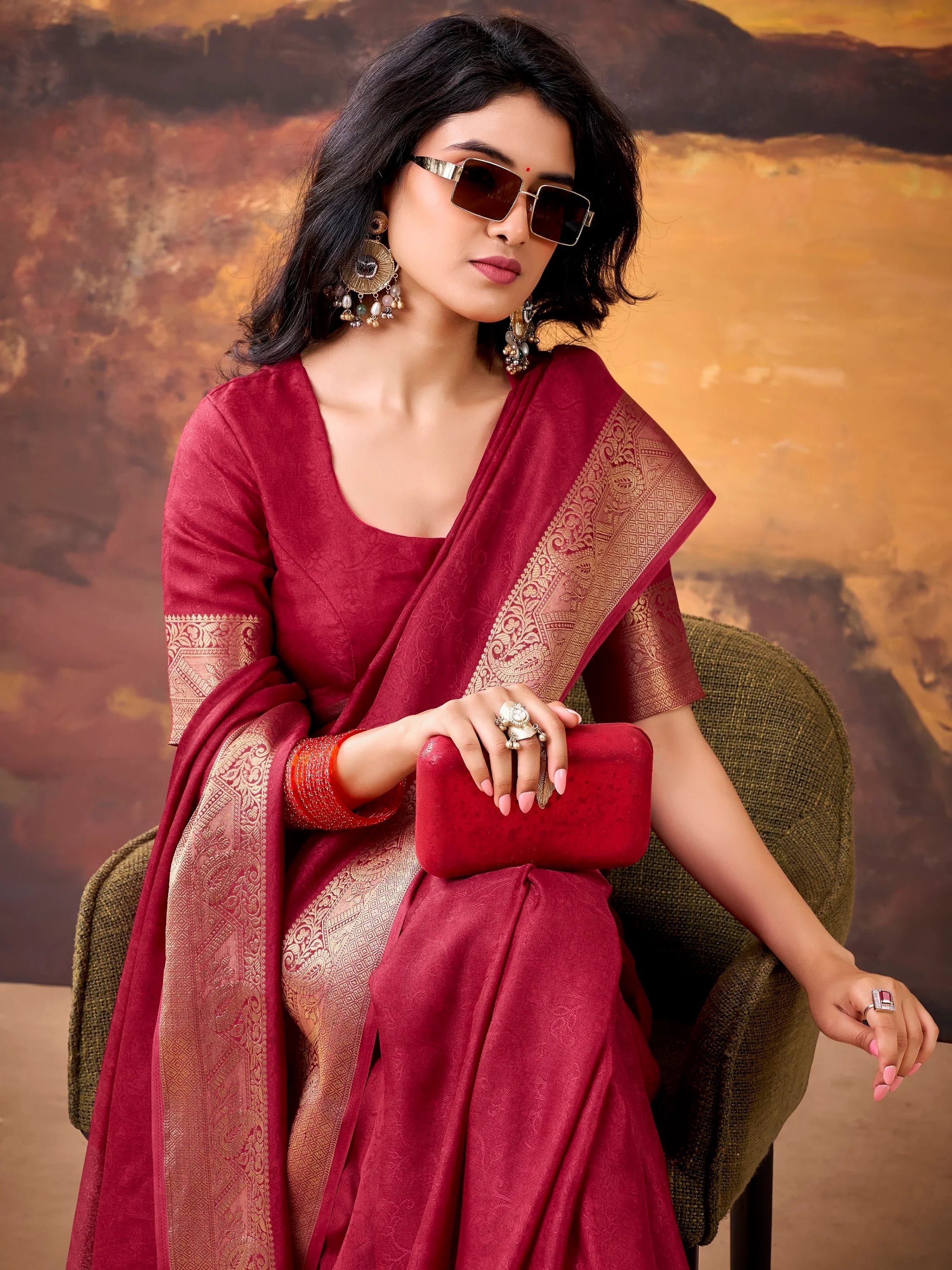 Maroon Aesthetic Zari Border Georgette Evening Wear Saree With Blouse