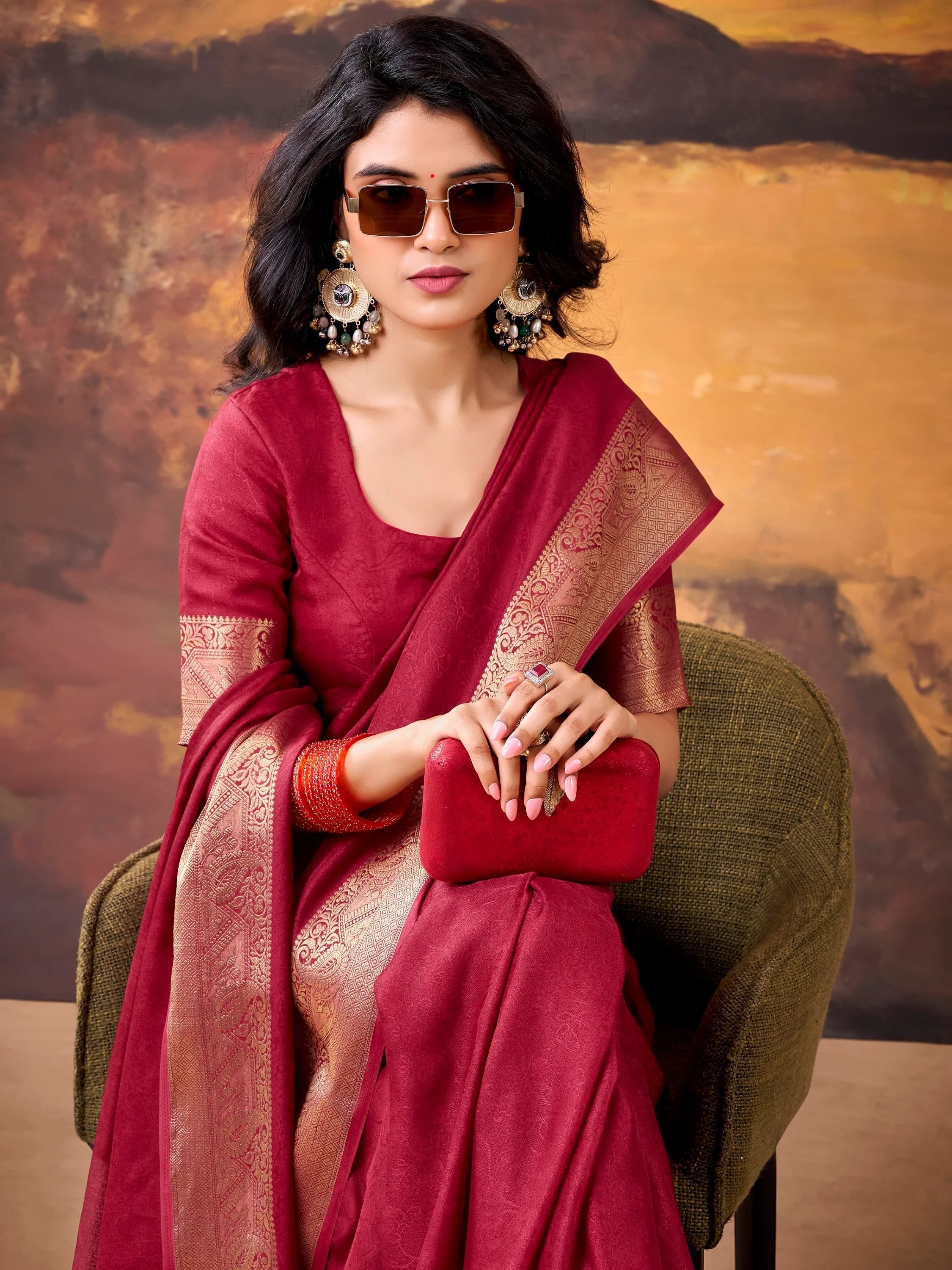 Maroon Aesthetic Zari Border Georgette Evening Wear Saree With Blouse
