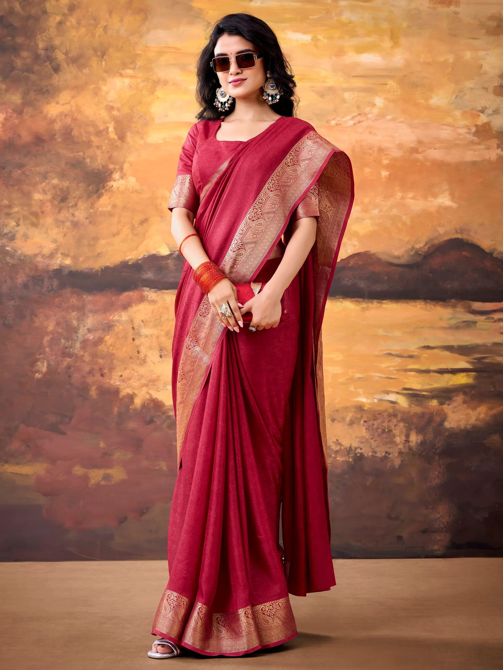 Maroon Aesthetic Zari Border Georgette Evening Wear Saree With Blouse
