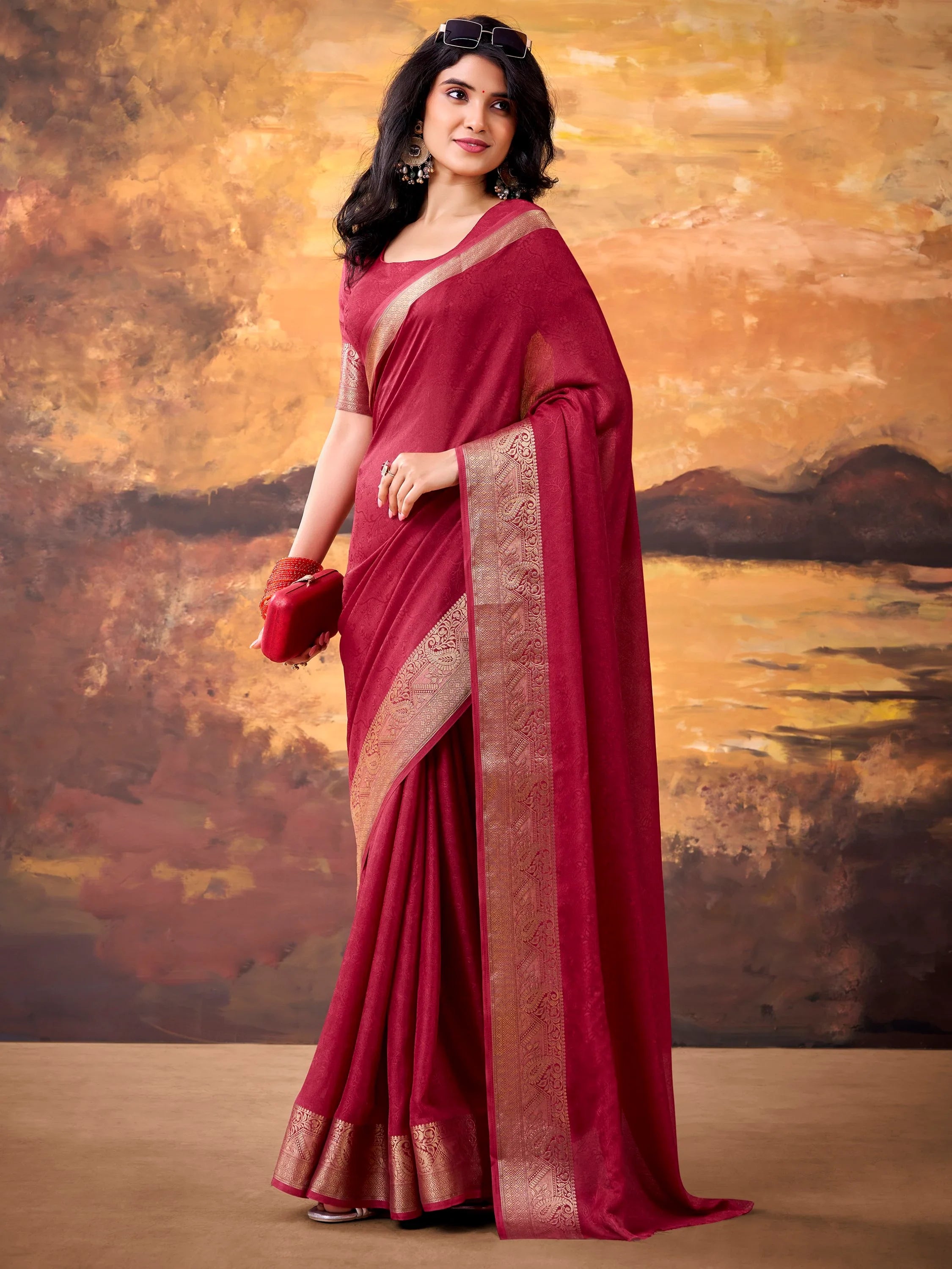 Maroon Aesthetic Zari Border Georgette Evening Wear Saree With Blouse
