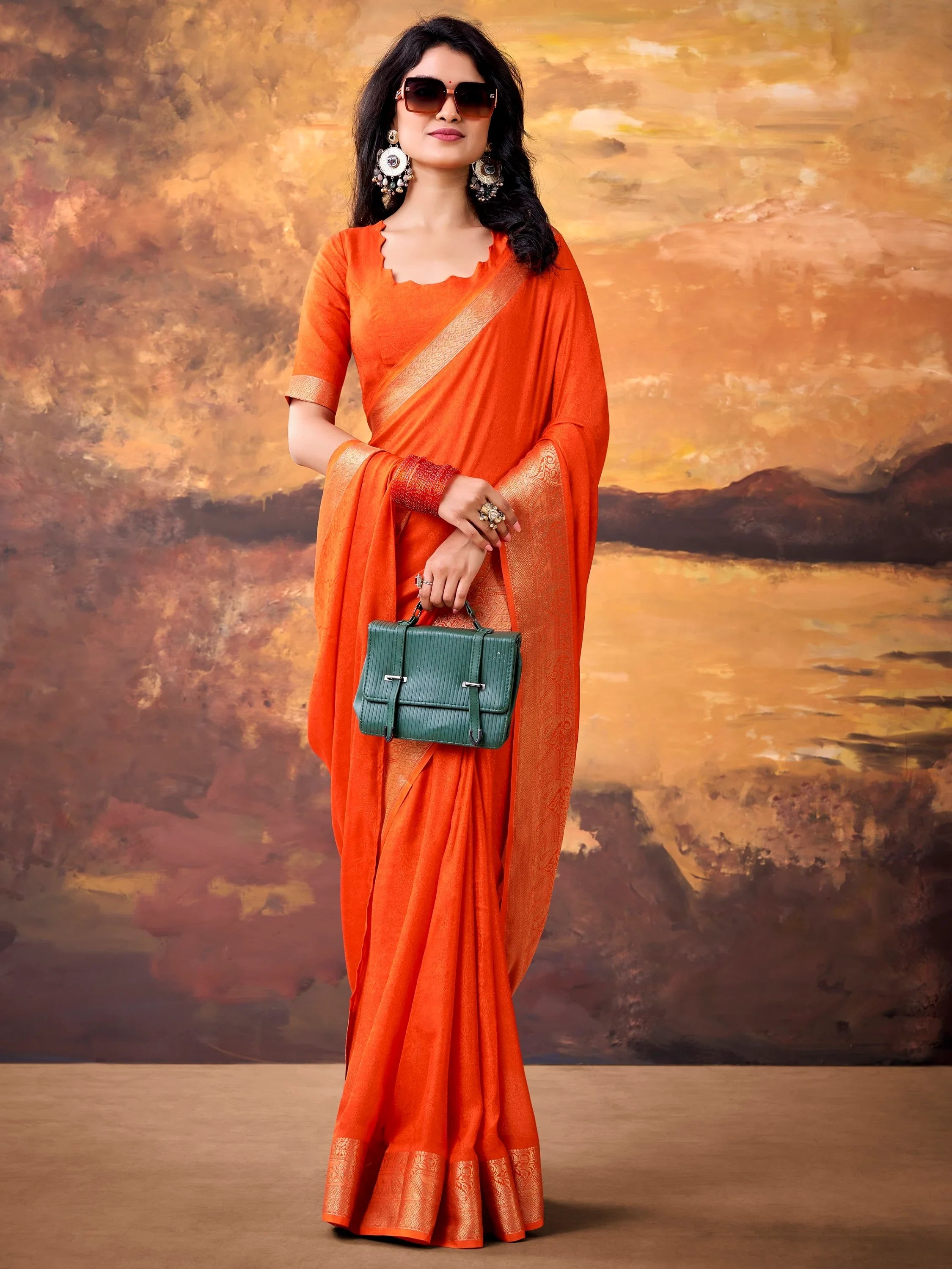 Orange Aesthetic Zari Border Georgette Evening Wear Saree With Blouse