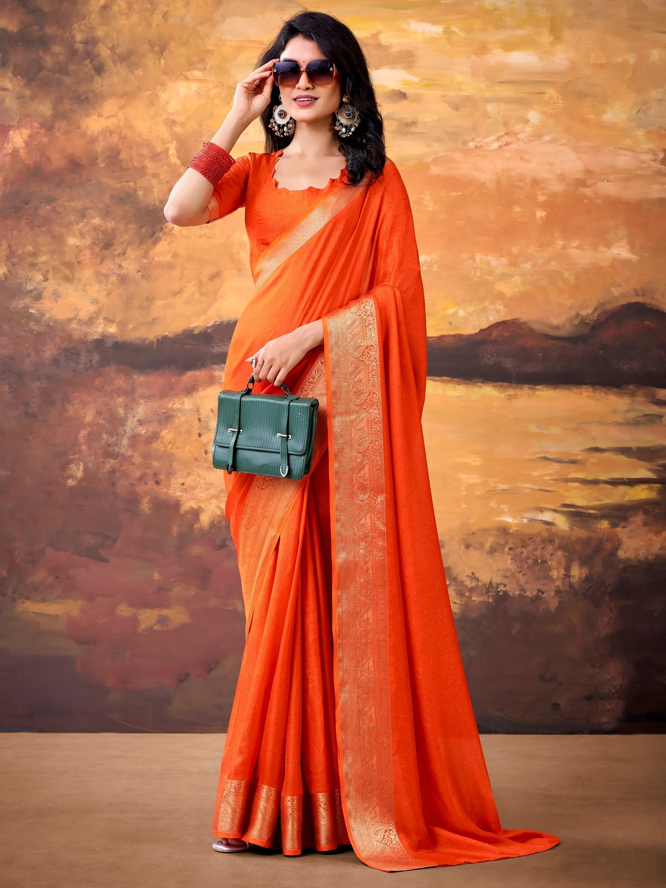 Orange Aesthetic Zari Border Georgette Evening Wear Saree With Blouse