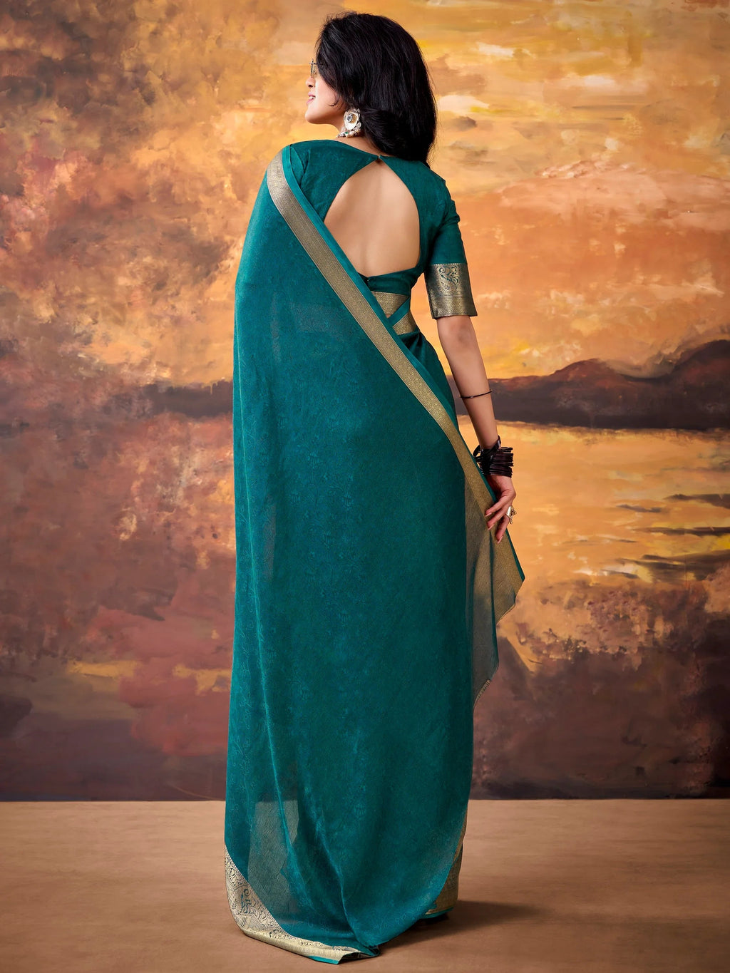 Teal Aesthetic Zari Border Georgette Evening Wear Saree With Blouse