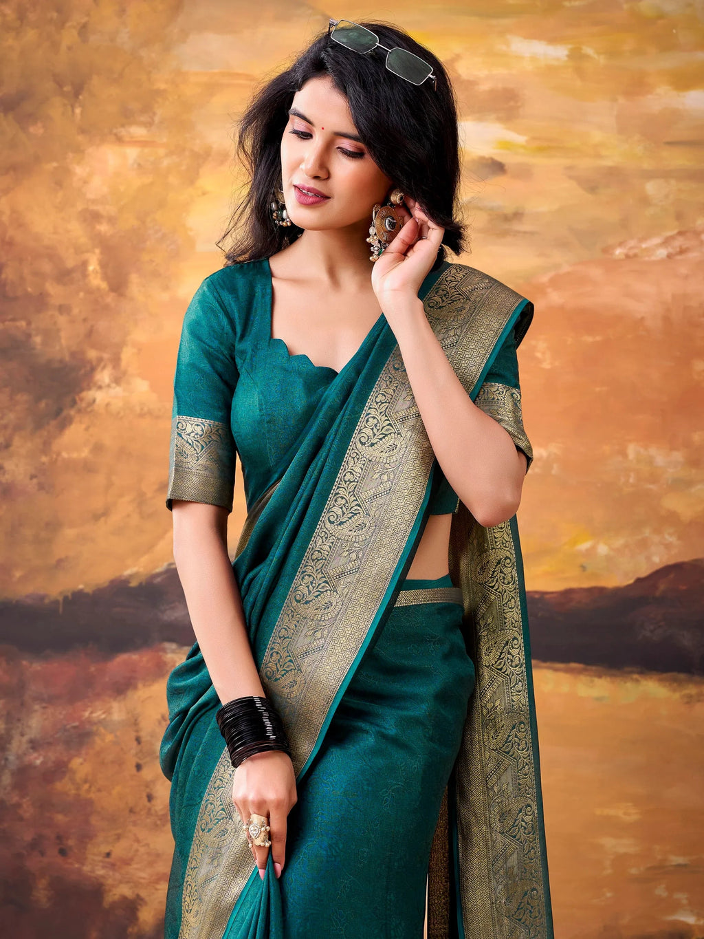 Teal Aesthetic Zari Border Georgette Evening Wear Saree With Blouse