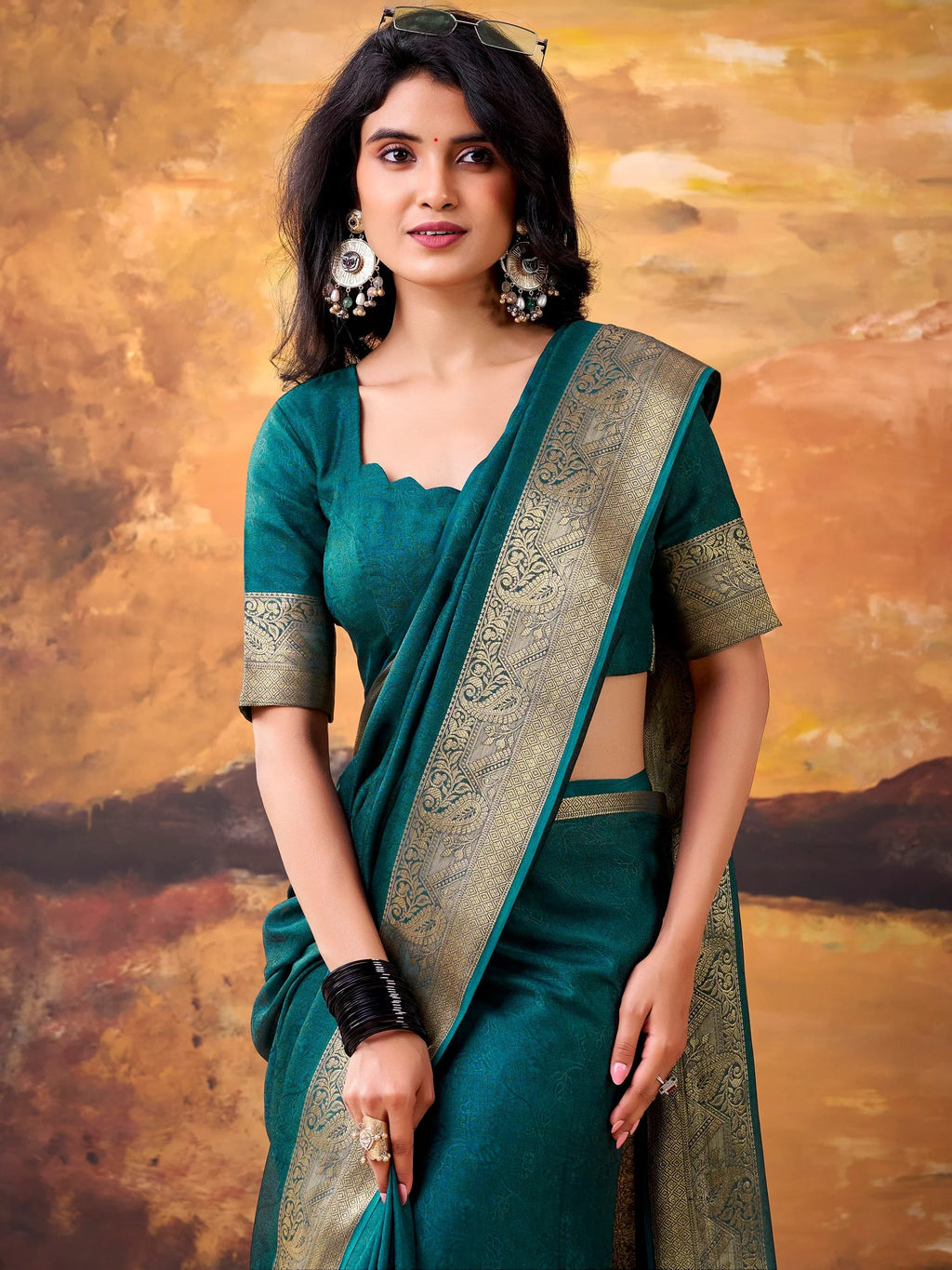 Teal Aesthetic Zari Border Georgette Evening Wear Saree With Blouse