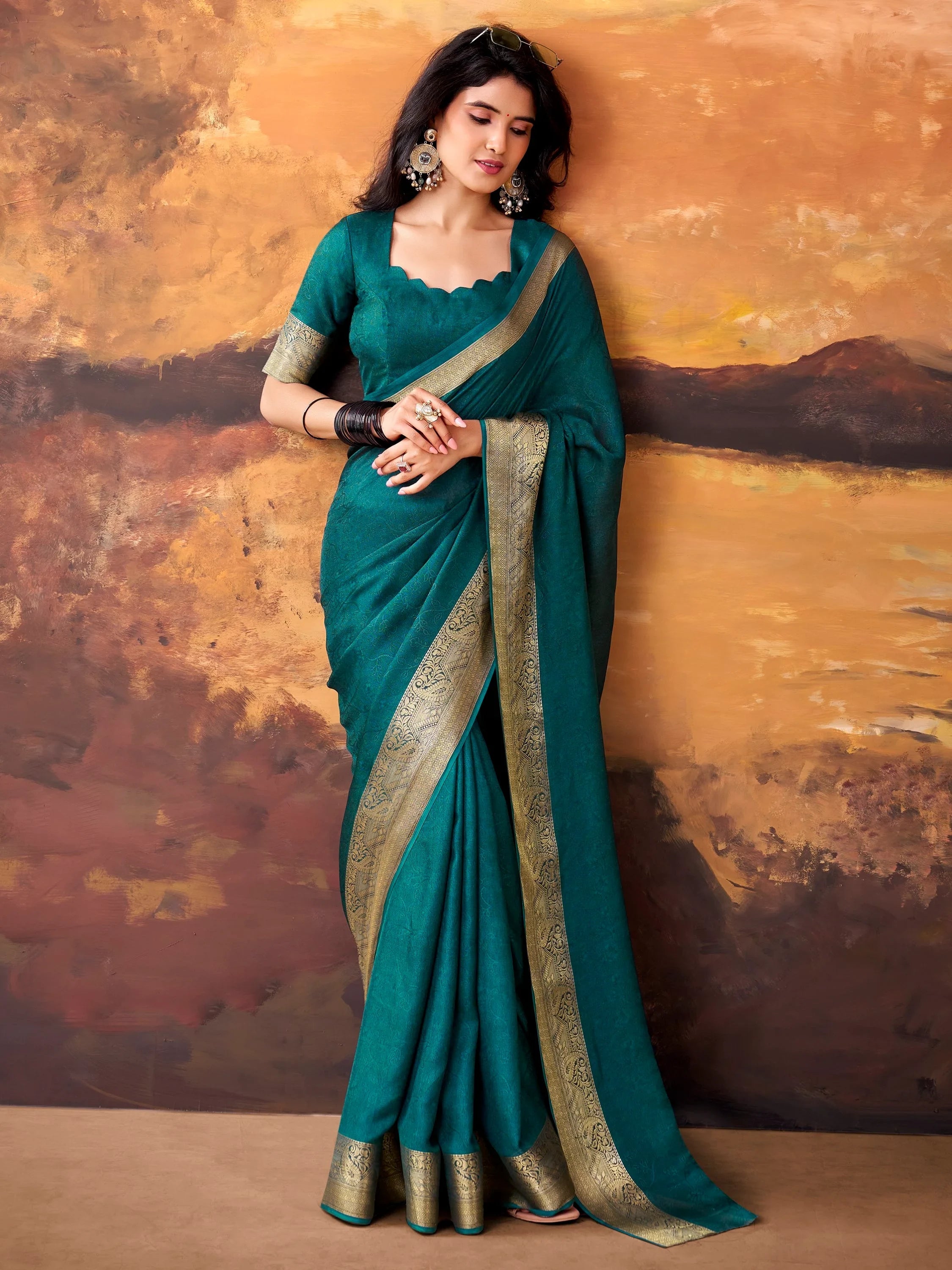 Teal Aesthetic Zari Border Georgette Evening Wear Saree With Blouse