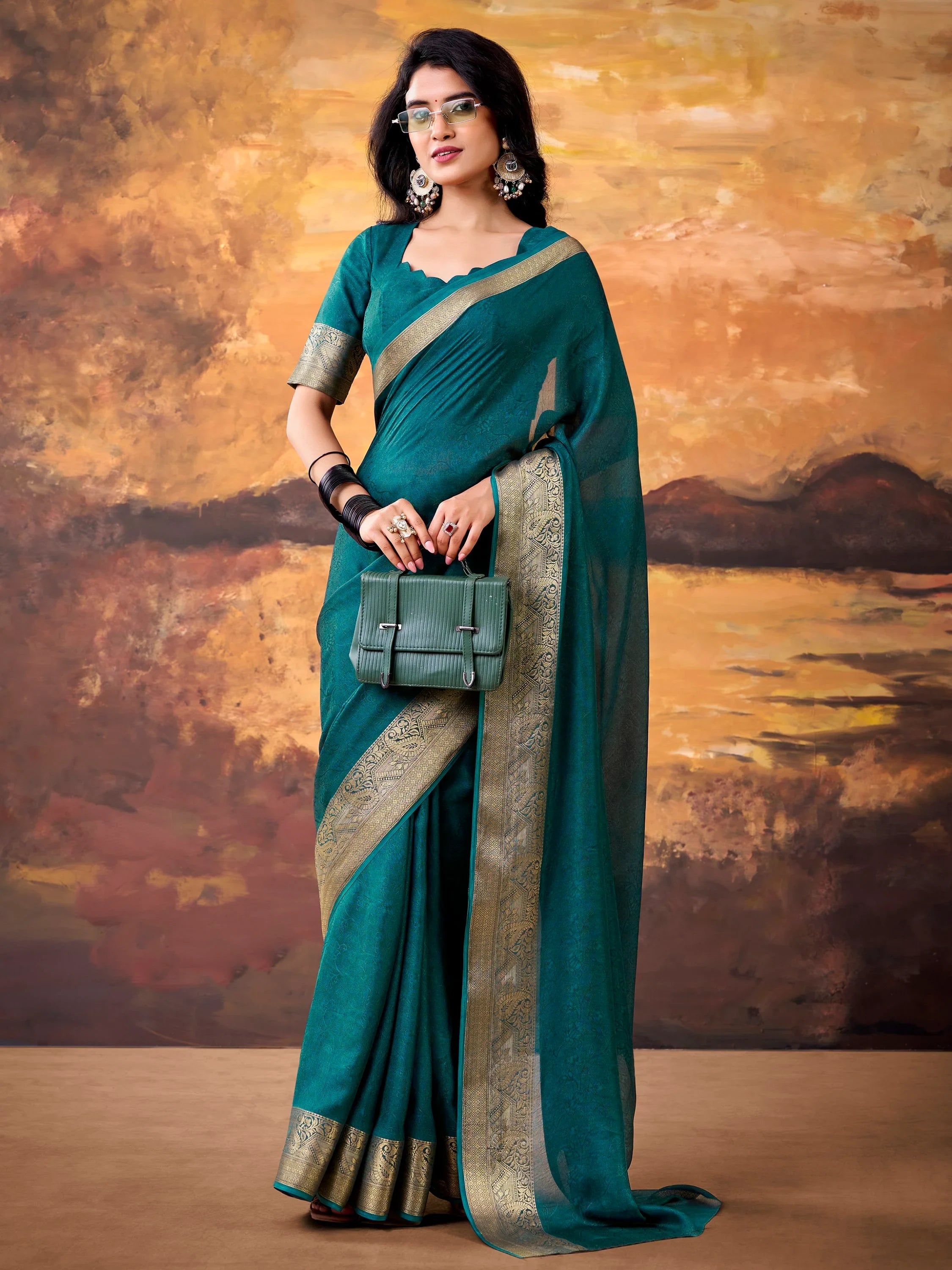 Teal Aesthetic Zari Border Georgette Evening Wear Saree With Blouse