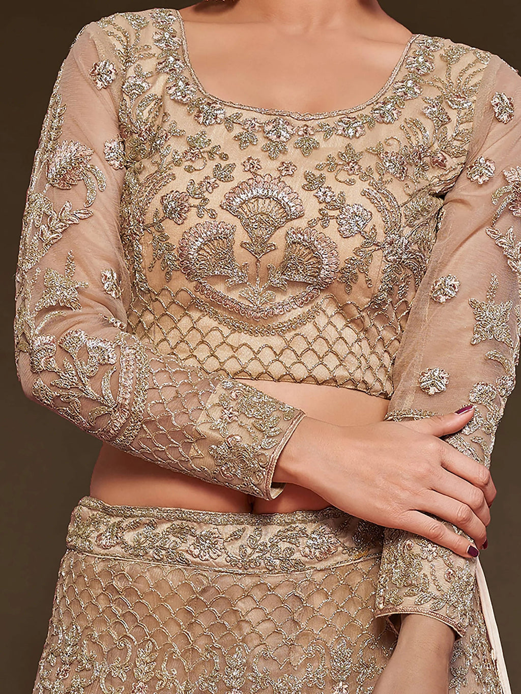 Wonderful Beige Embroidered Net Wedding Wear Plus Size Lehenga Choli