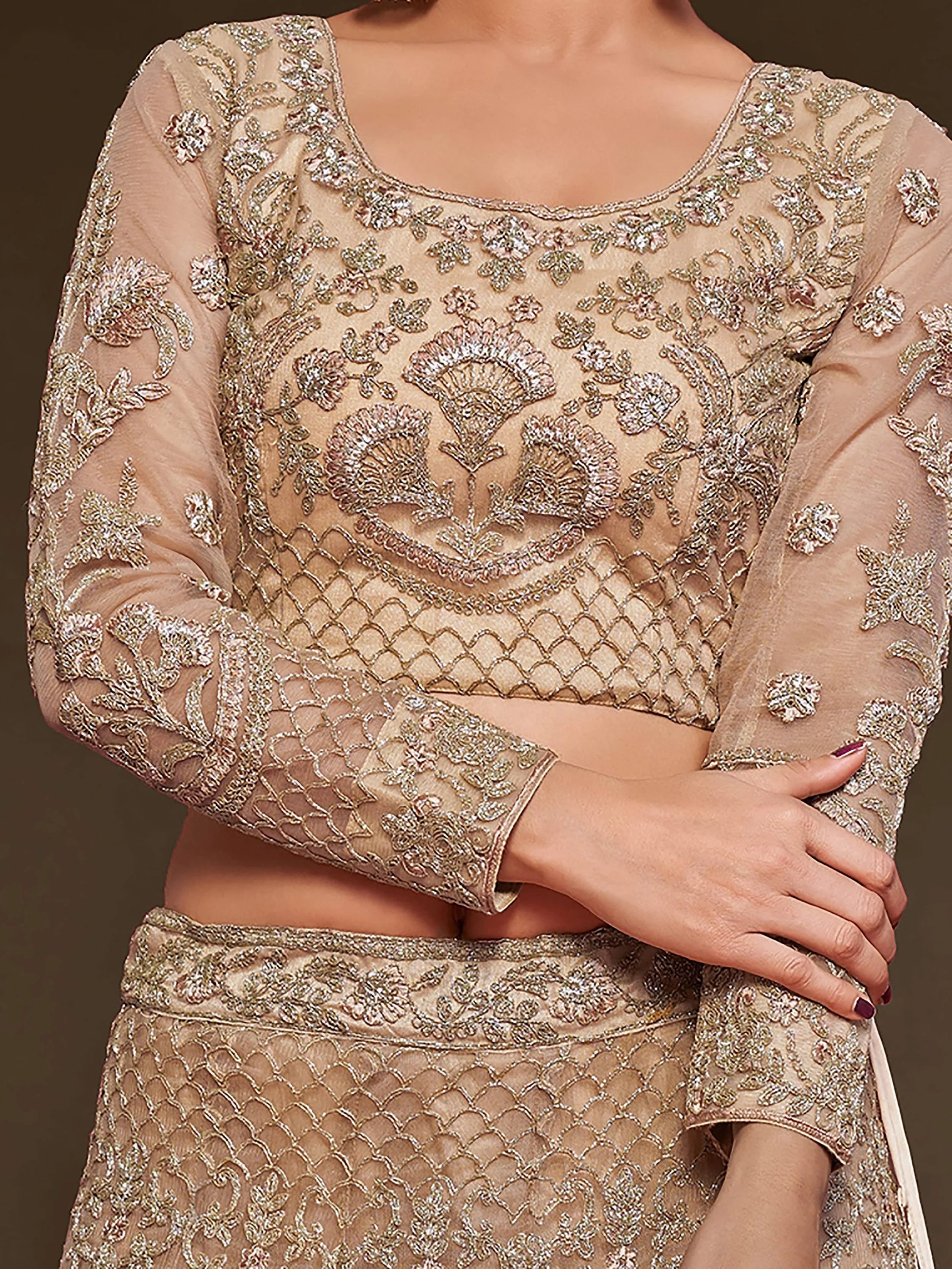 Wonderful Beige Embroidered Net Wedding Wear Plus Size Lehenga Choli