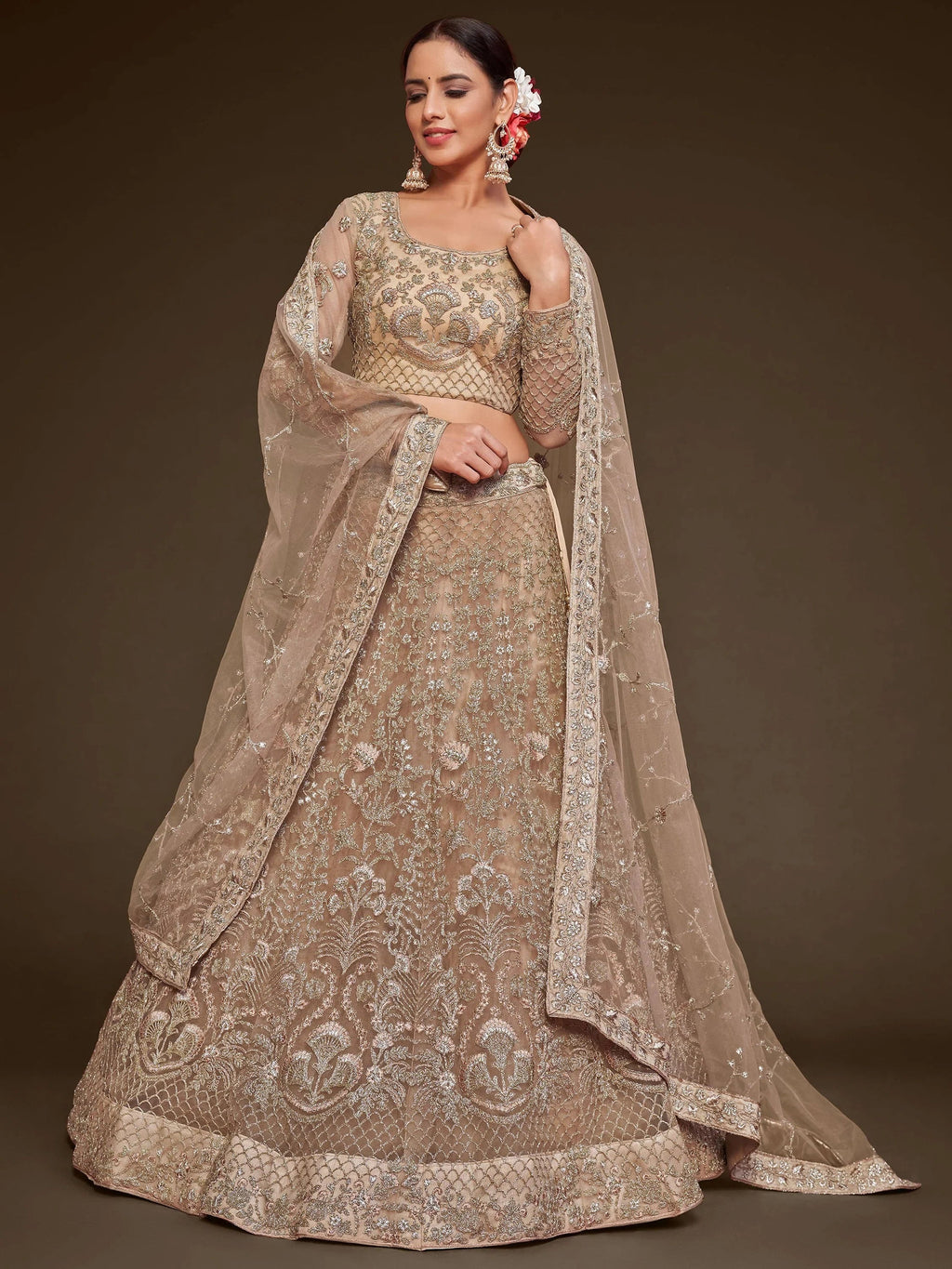 Wonderful Beige Embroidered Net Wedding Wear Plus Size Lehenga Choli