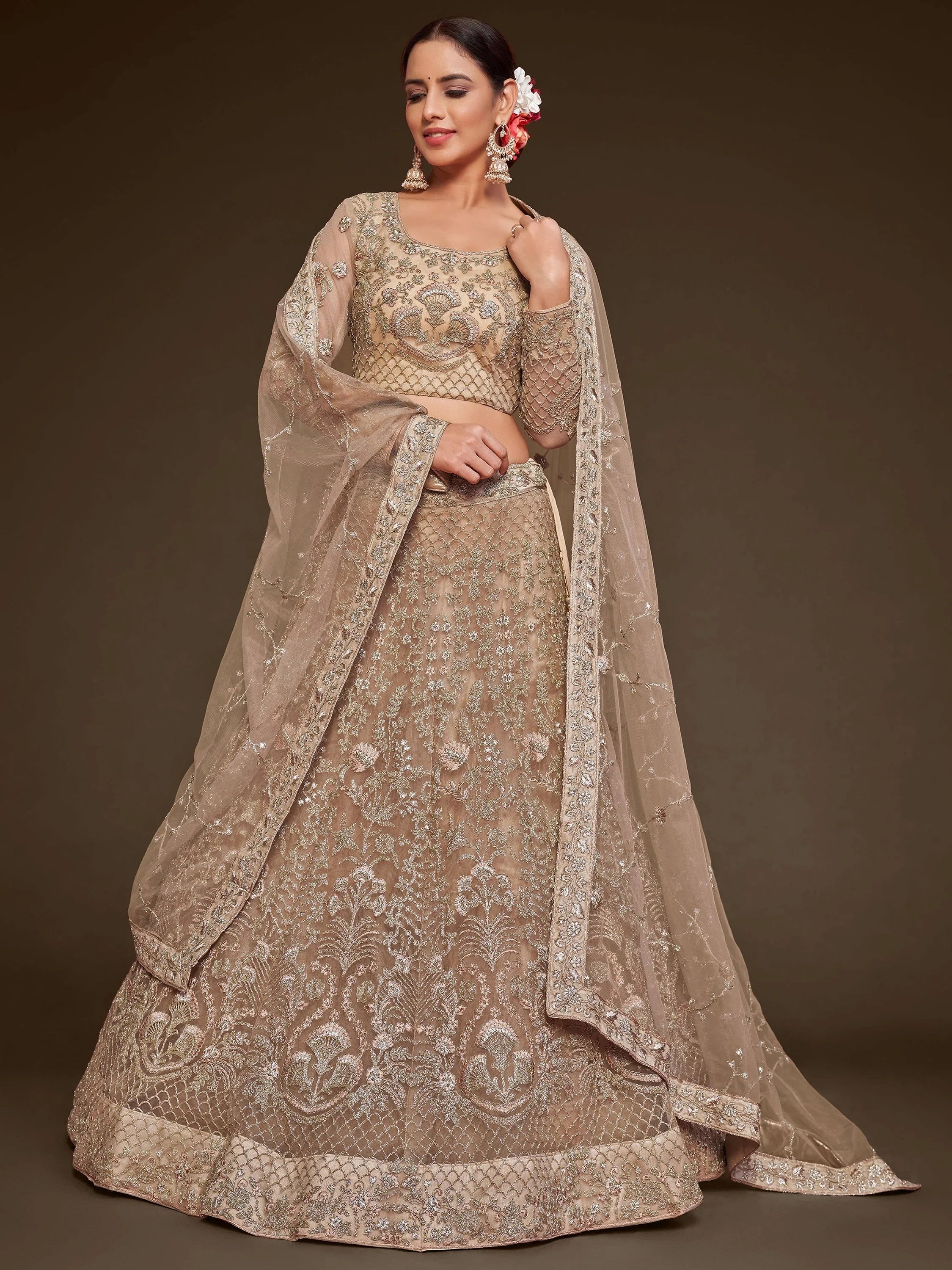 Wonderful Beige Embroidered Net Wedding Wear Plus Size Lehenga Choli