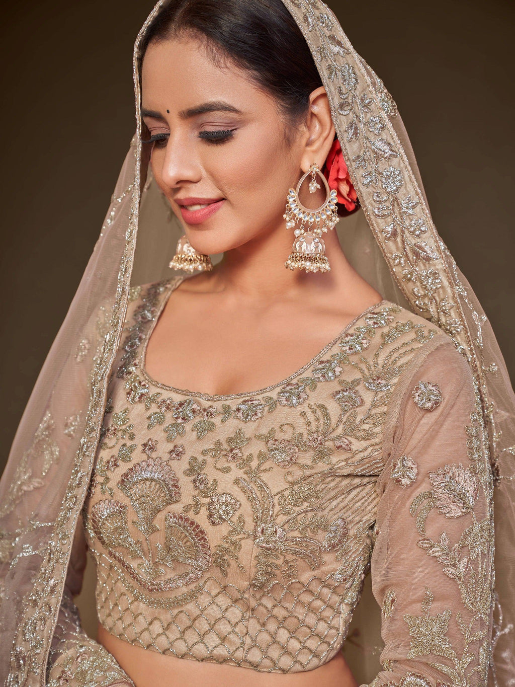 Wonderful Beige Embroidered Net Wedding Wear Plus Size Lehenga Choli