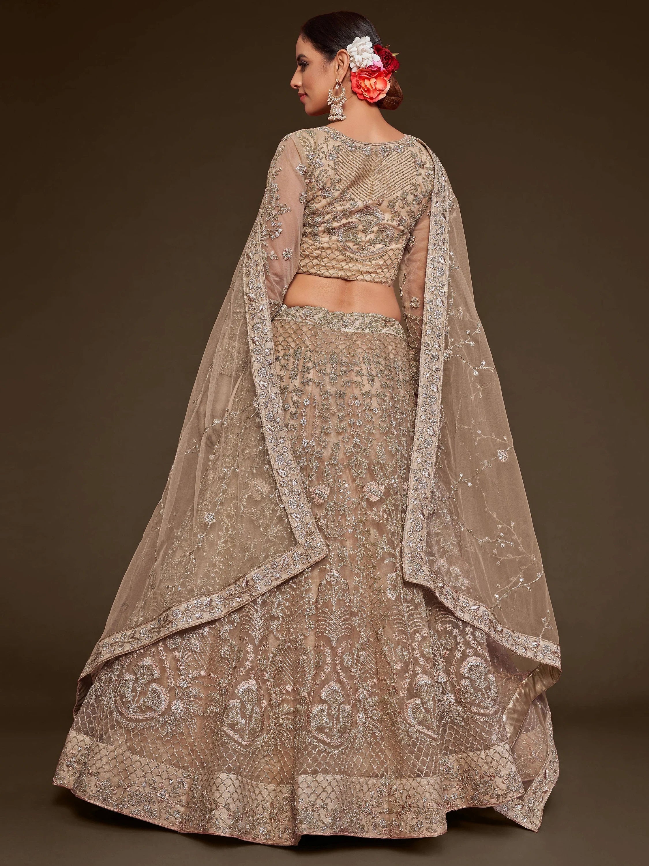 Wonderful Beige Embroidered Net Wedding Wear Plus Size Lehenga Choli