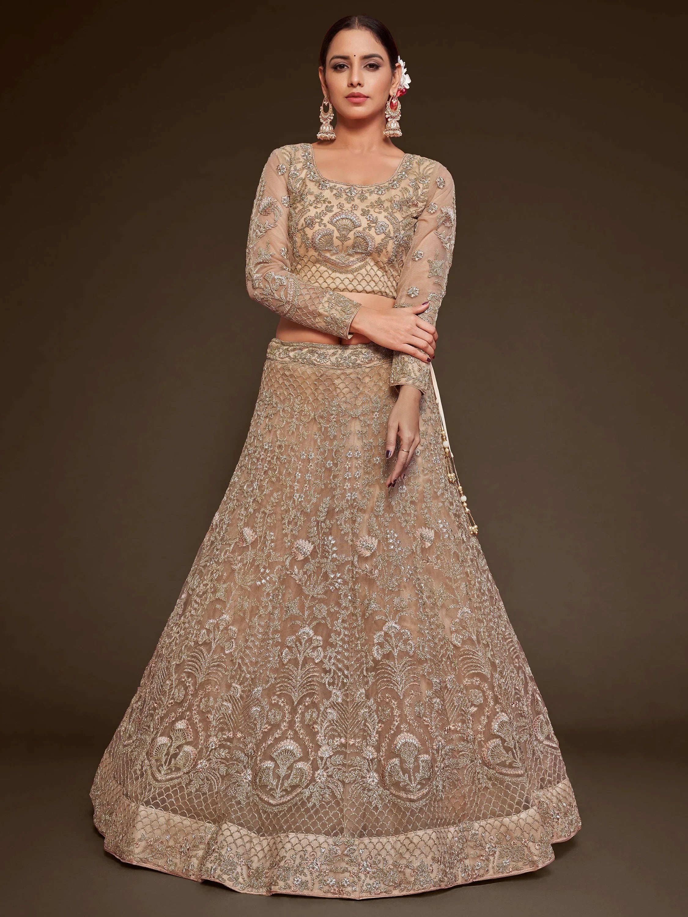 Wonderful Beige Embroidered Net Wedding Wear Plus Size Lehenga Choli