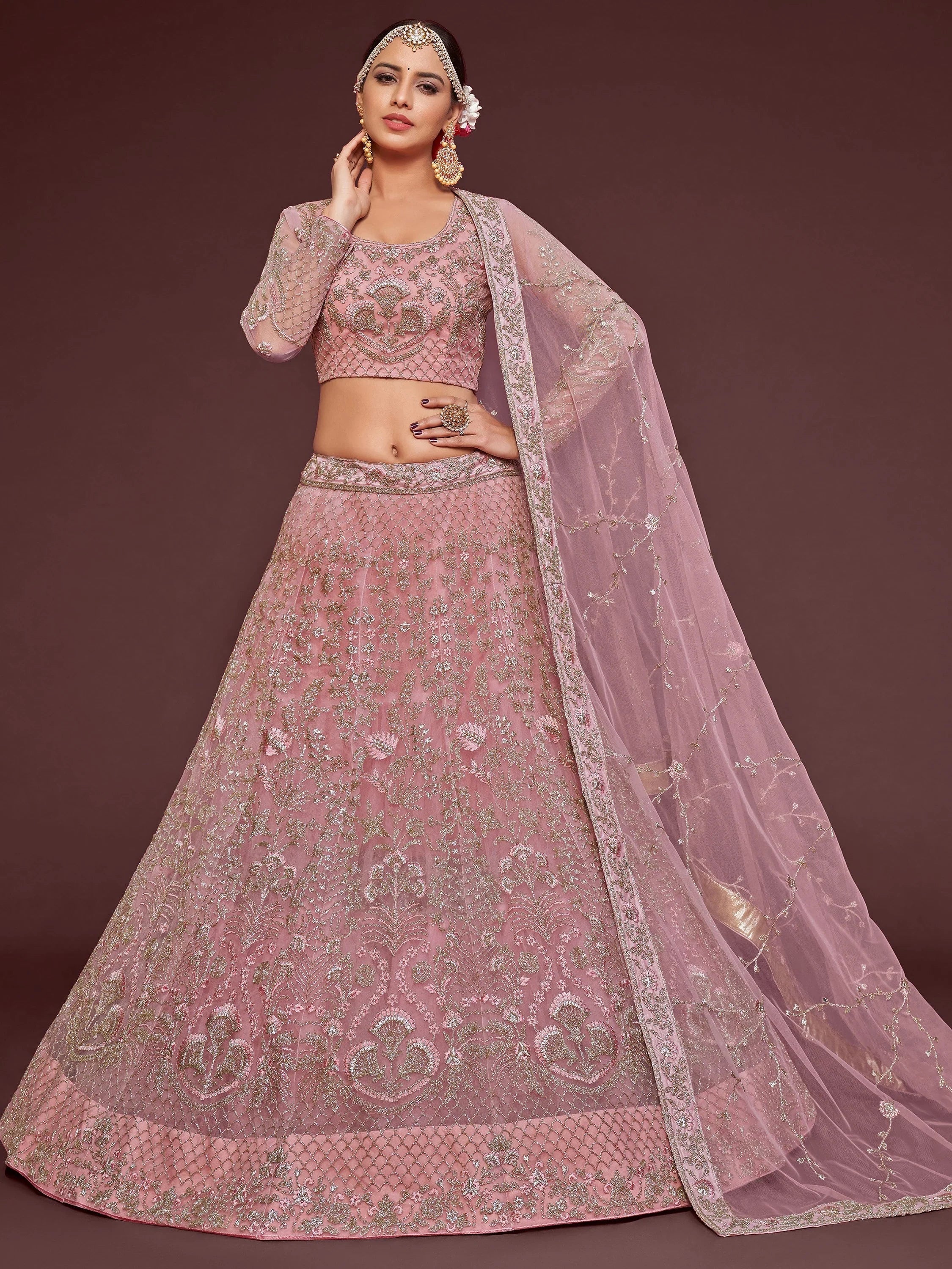 Pink Enchanting Light Embroidered Soft Net Wedding wear Lehenga Choli
