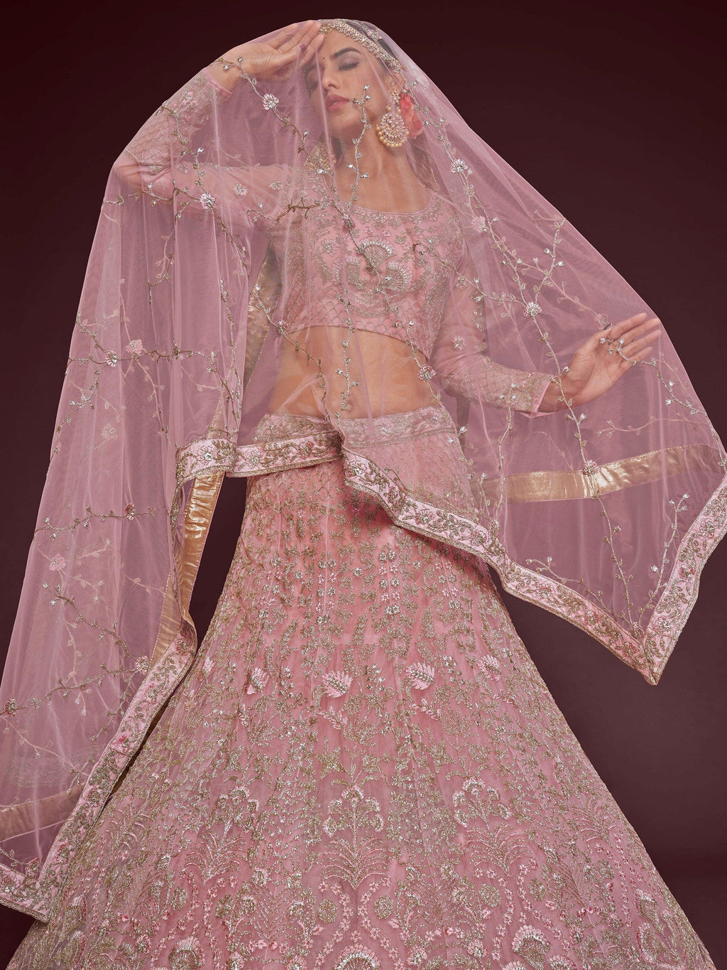 Pink Enchanting Light Embroidered Soft Net Wedding wear Lehenga Choli