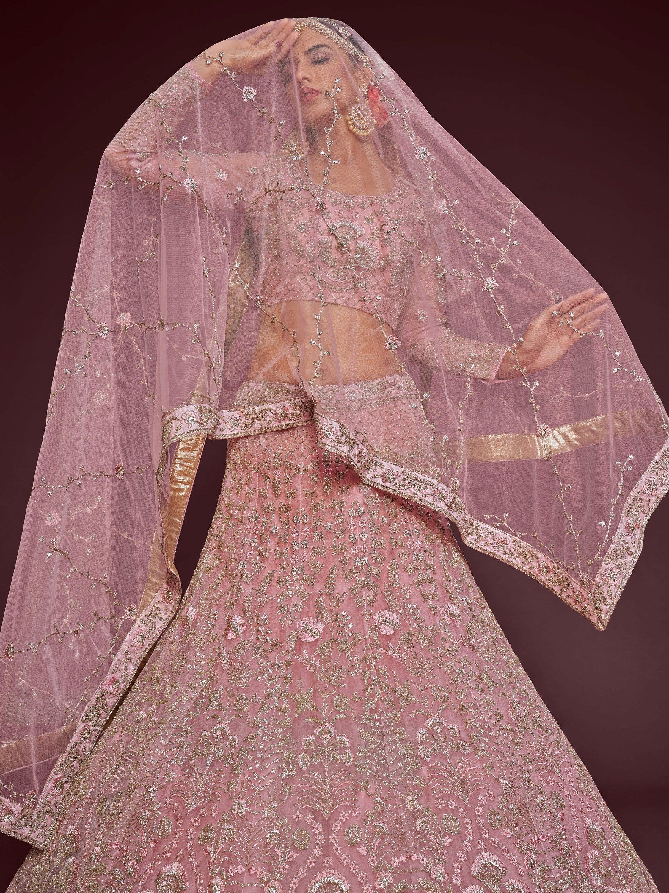 Pink Enchanting Light Embroidered Soft Net Wedding wear Lehenga Choli