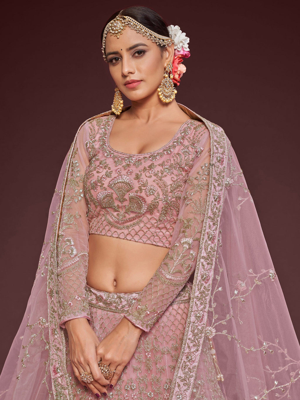 Pink Enchanting Light Embroidered Soft Net Wedding wear Lehenga Choli