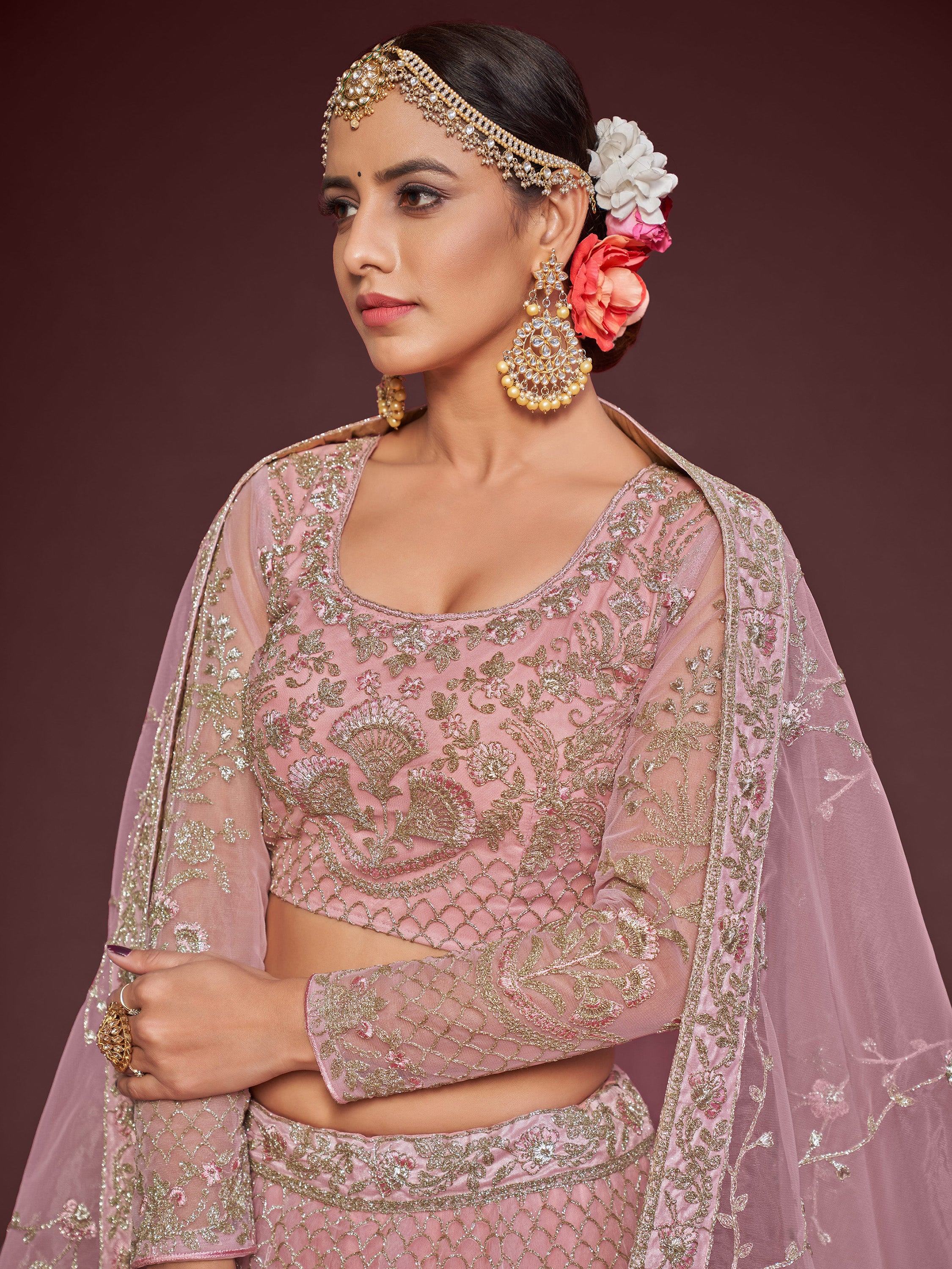 Pink Enchanting Light Embroidered Soft Net Wedding wear Lehenga Choli