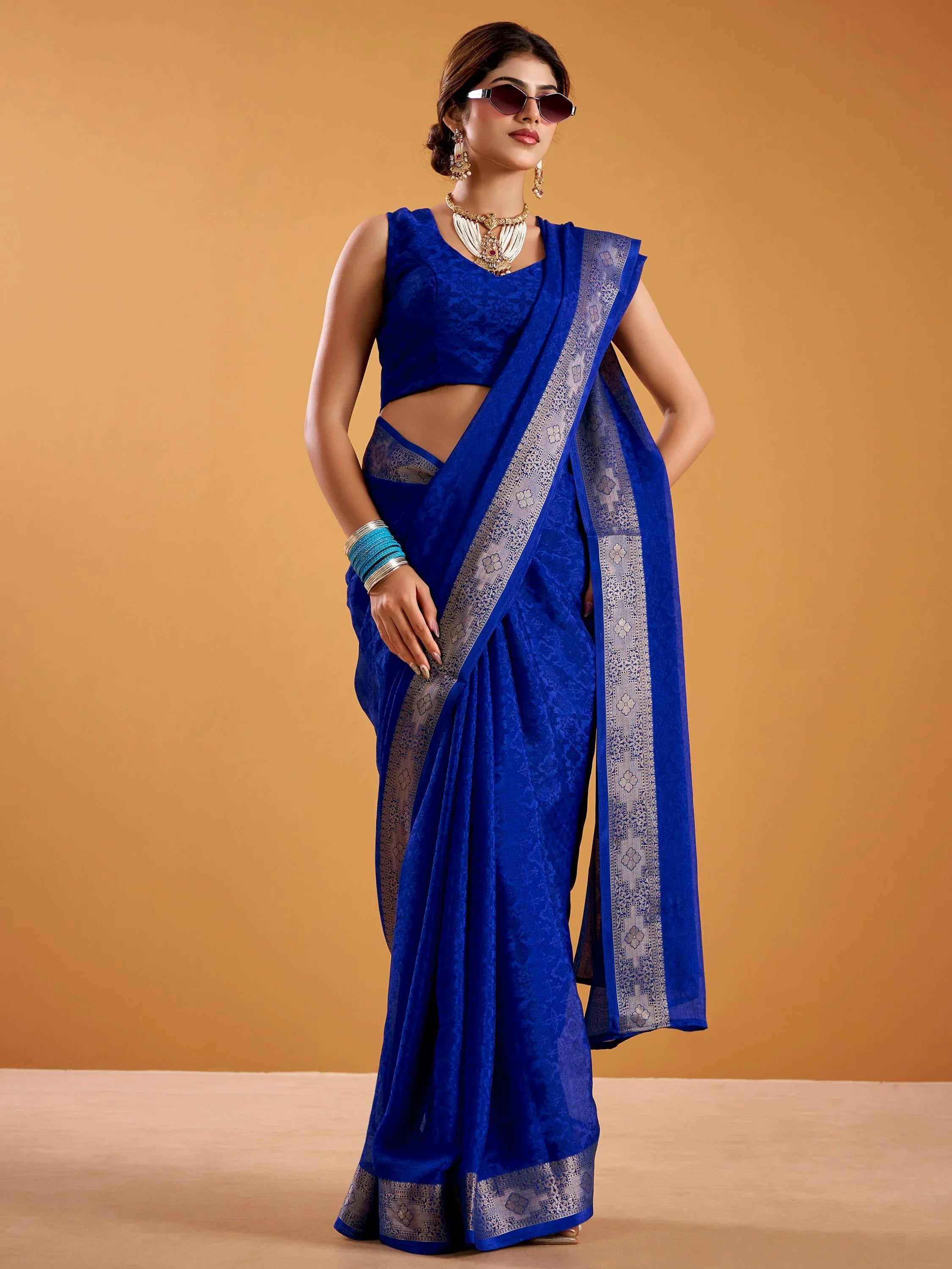 Royal Blue Beautiful Zari Weaving Silk Festive Wear Saree With Blouse