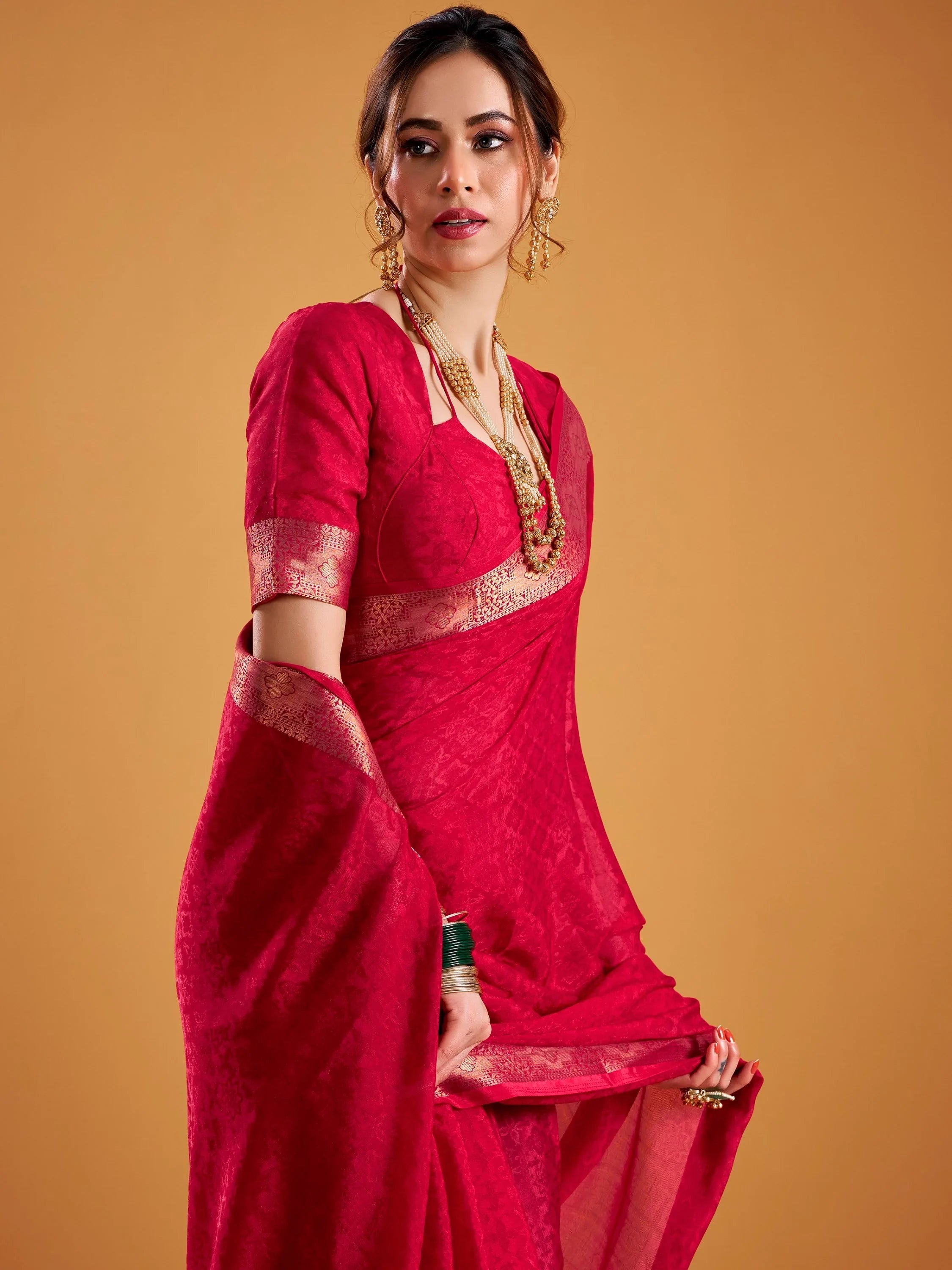 Red Beautiful Zari Weaving Silk Festive Wear Saree With Blouse