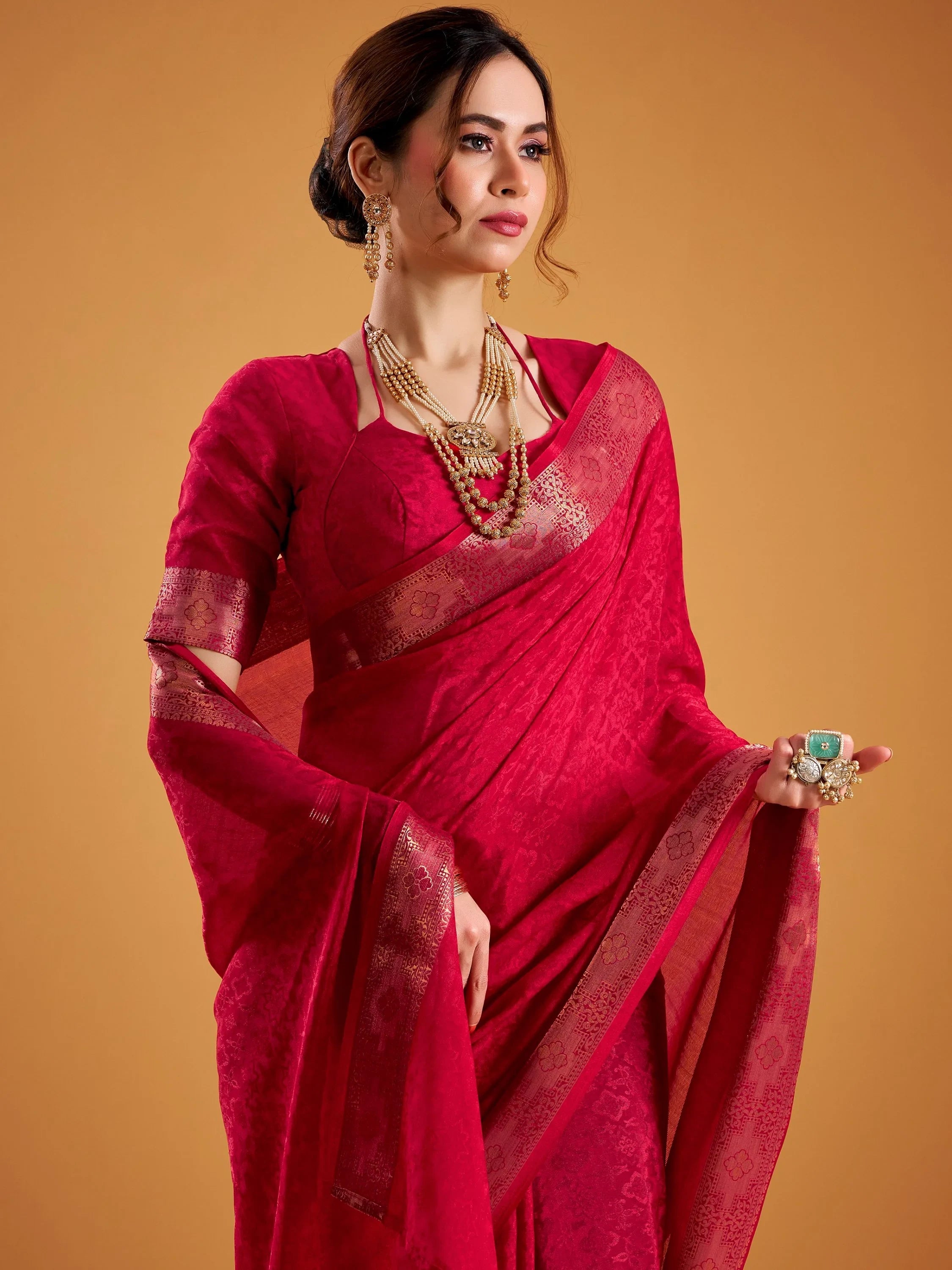 Red Beautiful Zari Weaving Silk Festive Wear Saree With Blouse