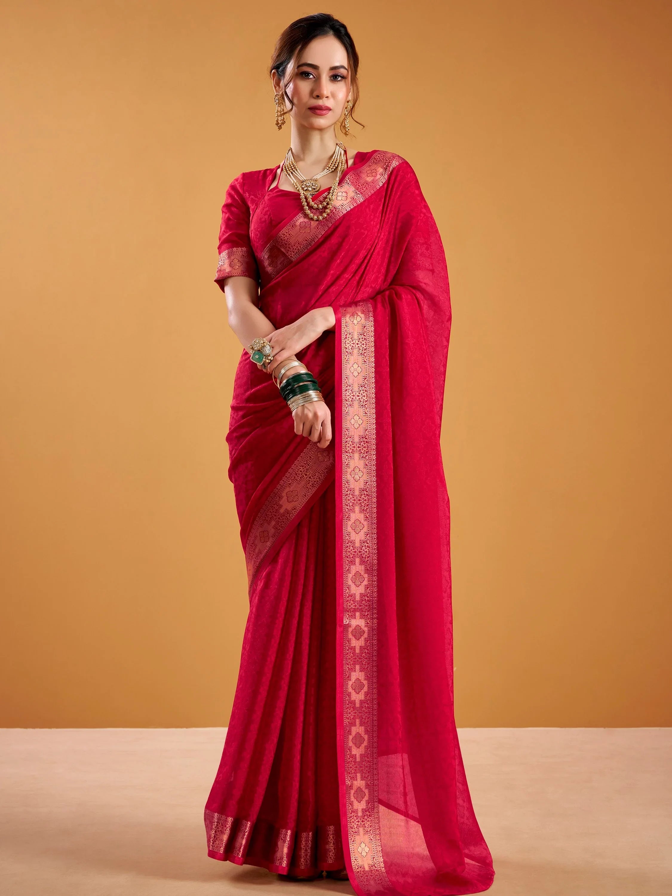 Red Beautiful Zari Weaving Silk Festive Wear Saree With Blouse