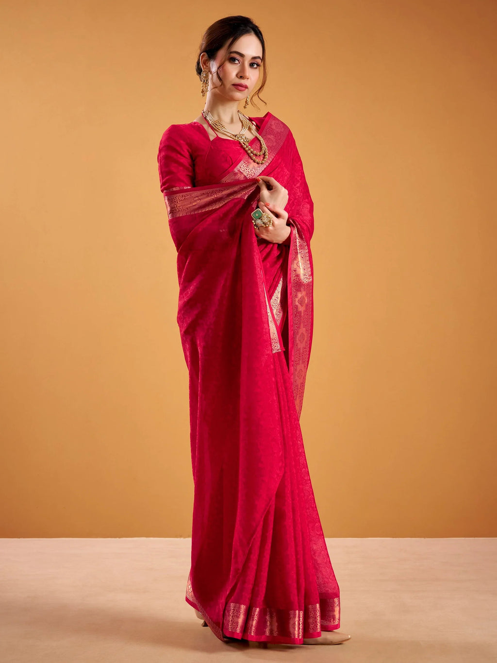 Red Beautiful Zari Weaving Silk Festive Wear Saree With Blouse