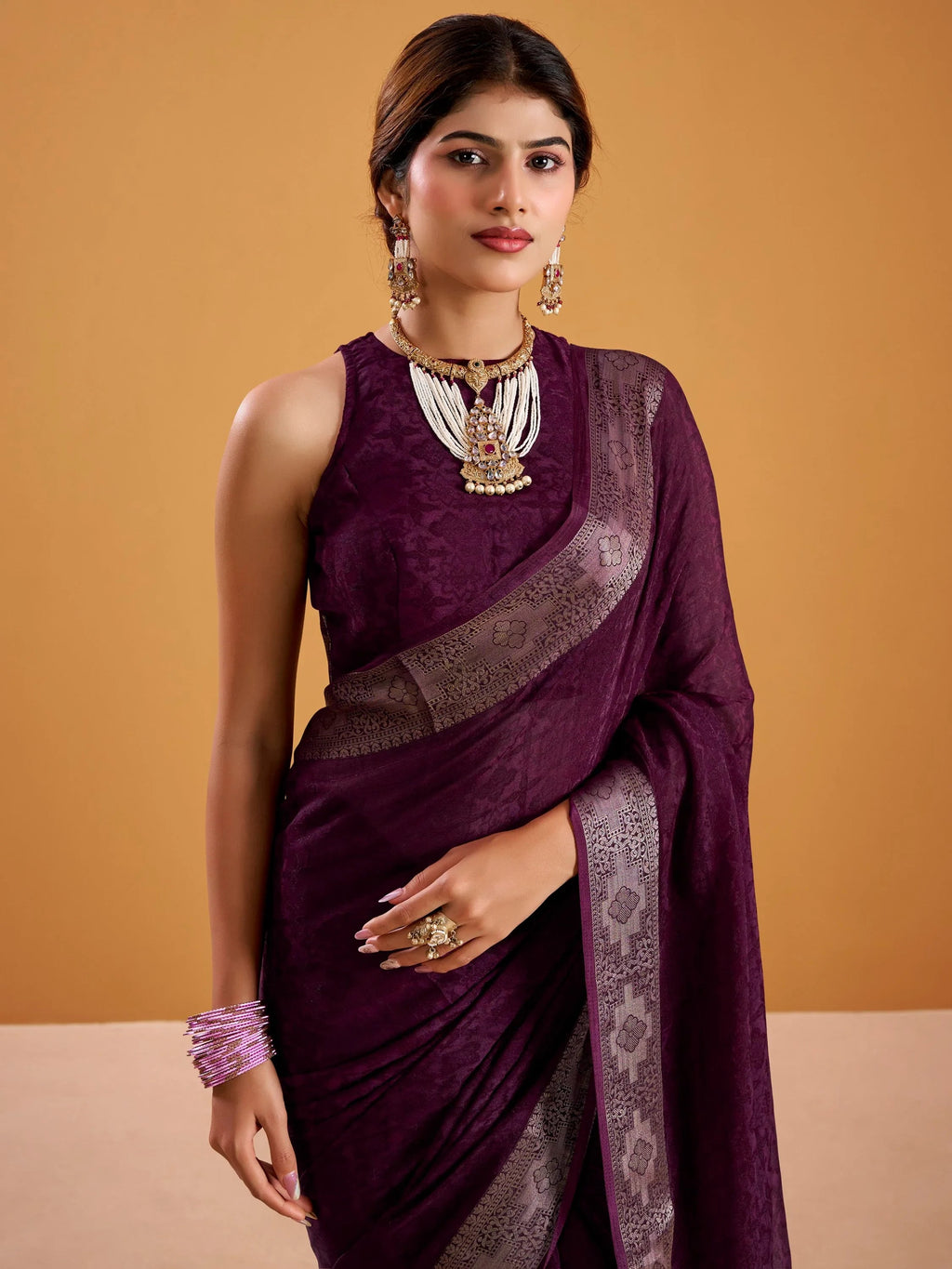 Wine Beautiful Zari Weaving Silk Festive Wear Saree With Blouse