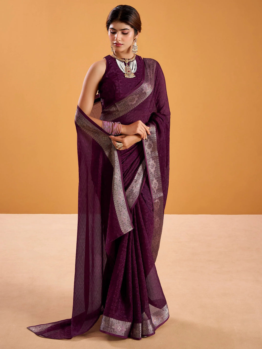 Wine Beautiful Zari Weaving Silk Festive Wear Saree With Blouse