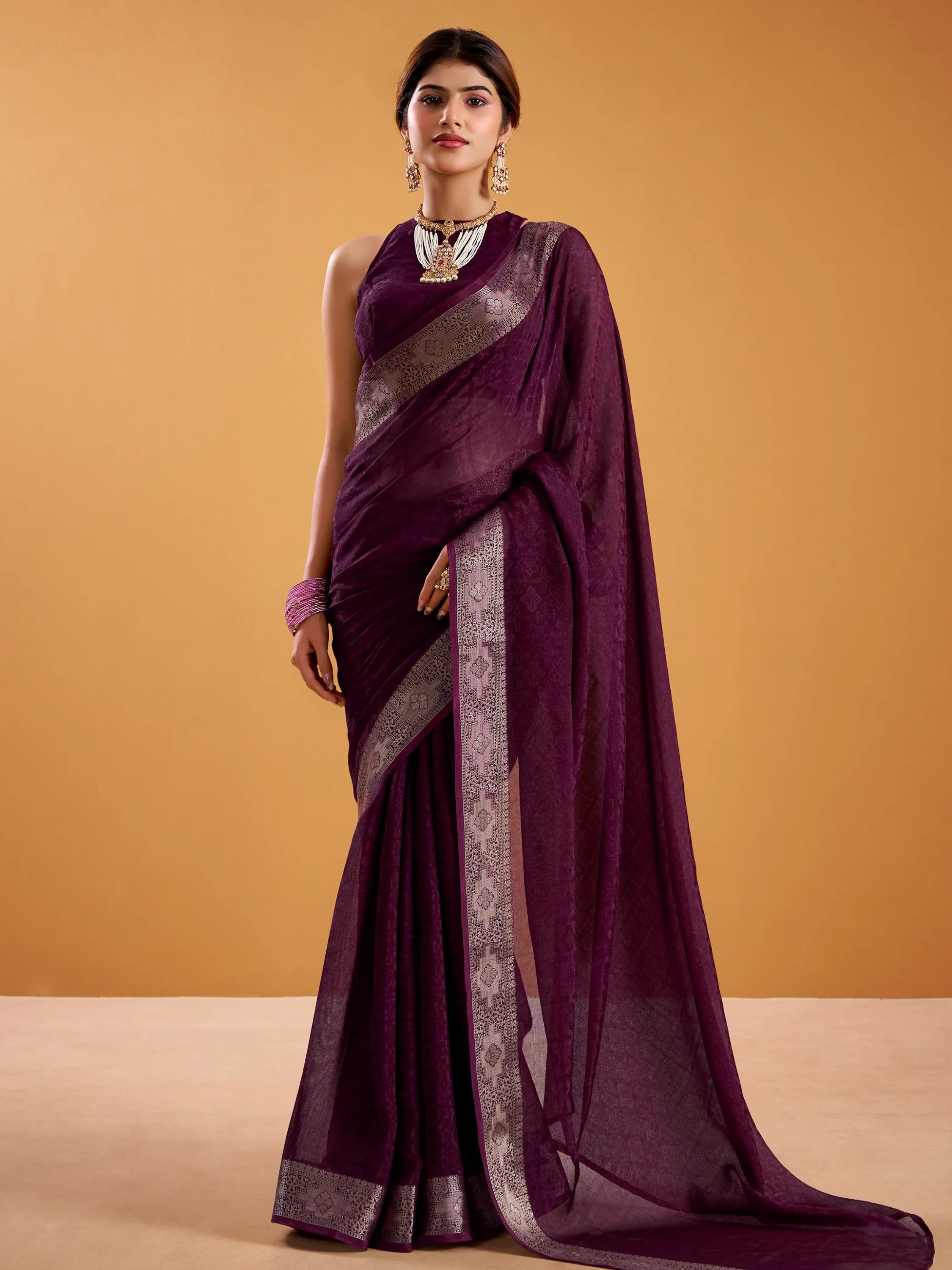 Wine Beautiful Zari Weaving Silk Festive Wear Saree With Blouse