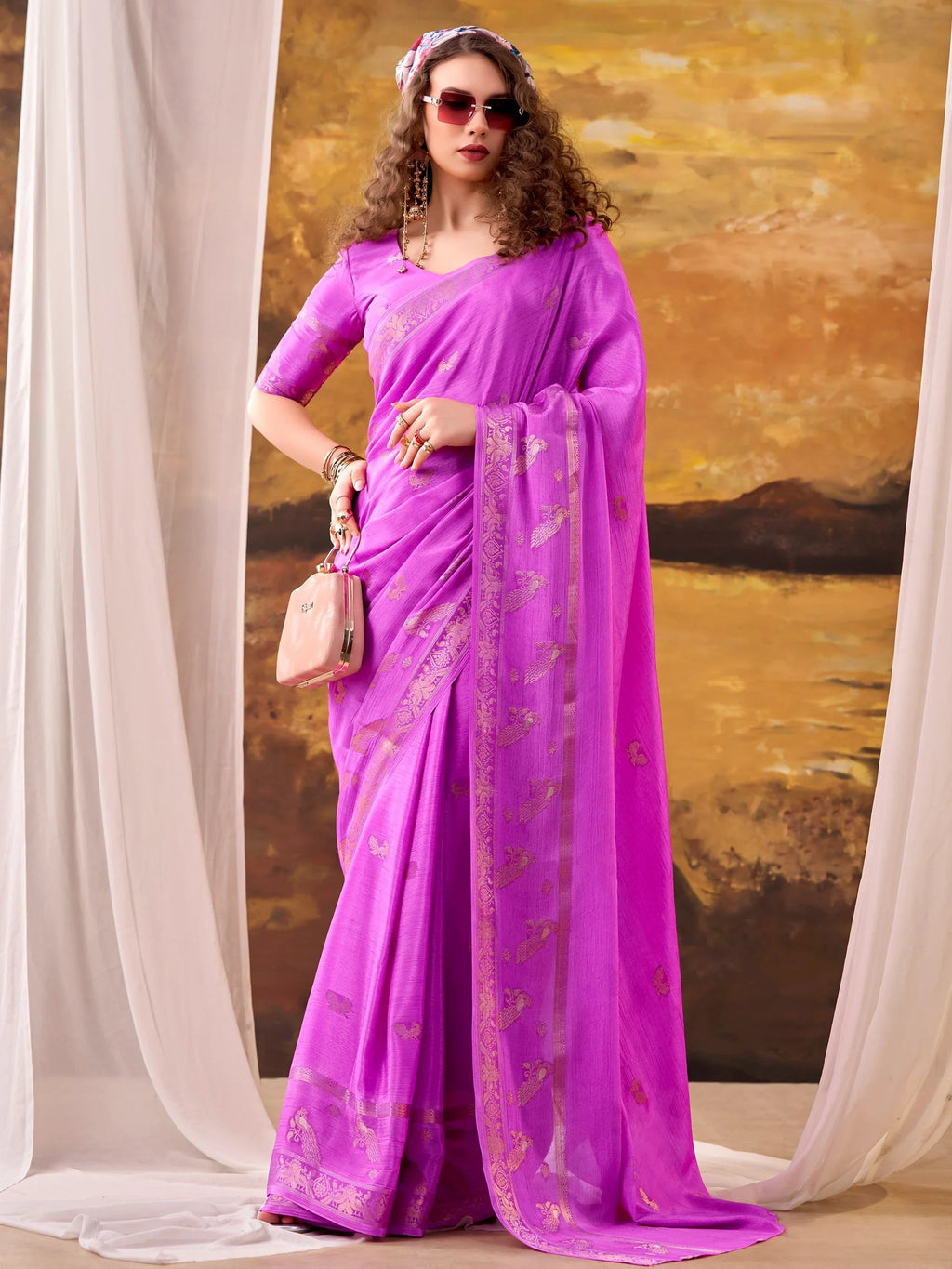Pink Bewitching Zari Weaving Crepe Festive Wear Saree With Blouse