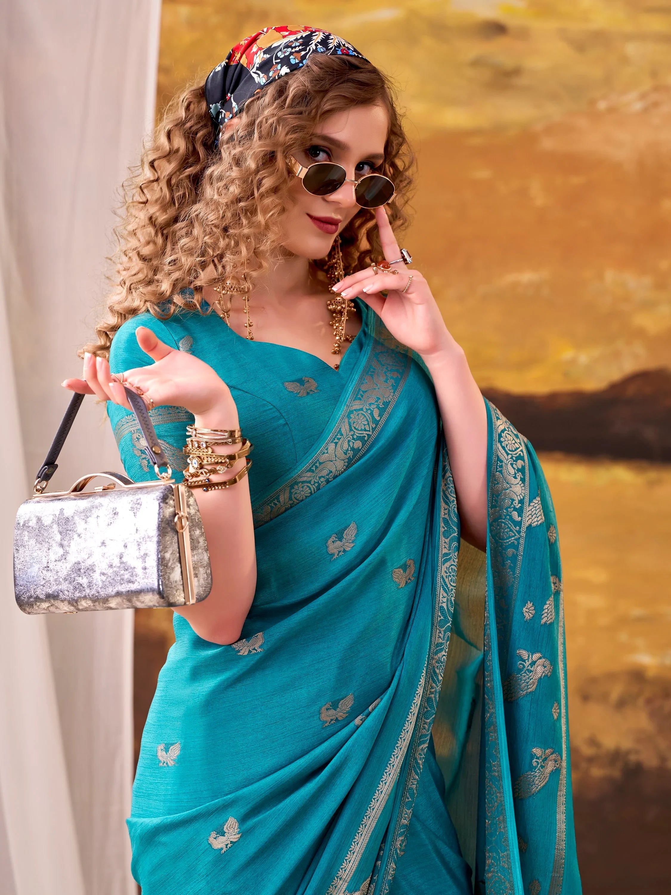 Teal Bewitching Zari Weaving Crepe Festive Wear Saree With Blouse