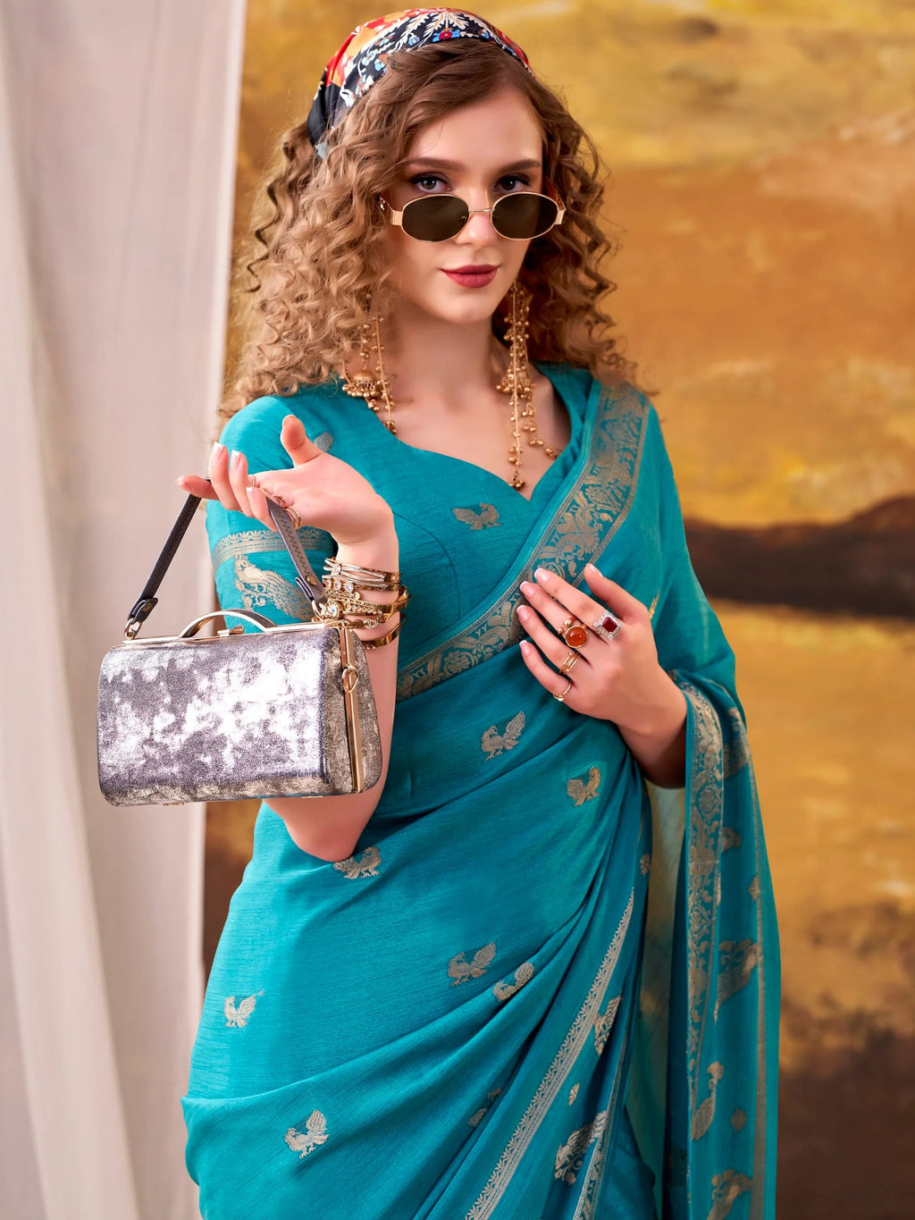 Teal Bewitching Zari Weaving Crepe Festive Wear Saree With Blouse