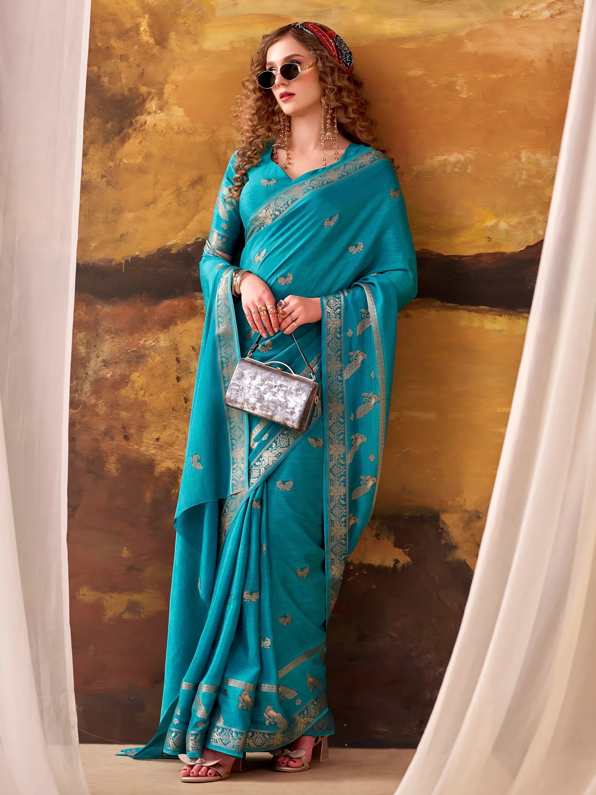 Teal Bewitching Zari Weaving Crepe Festive Wear Saree With Blouse