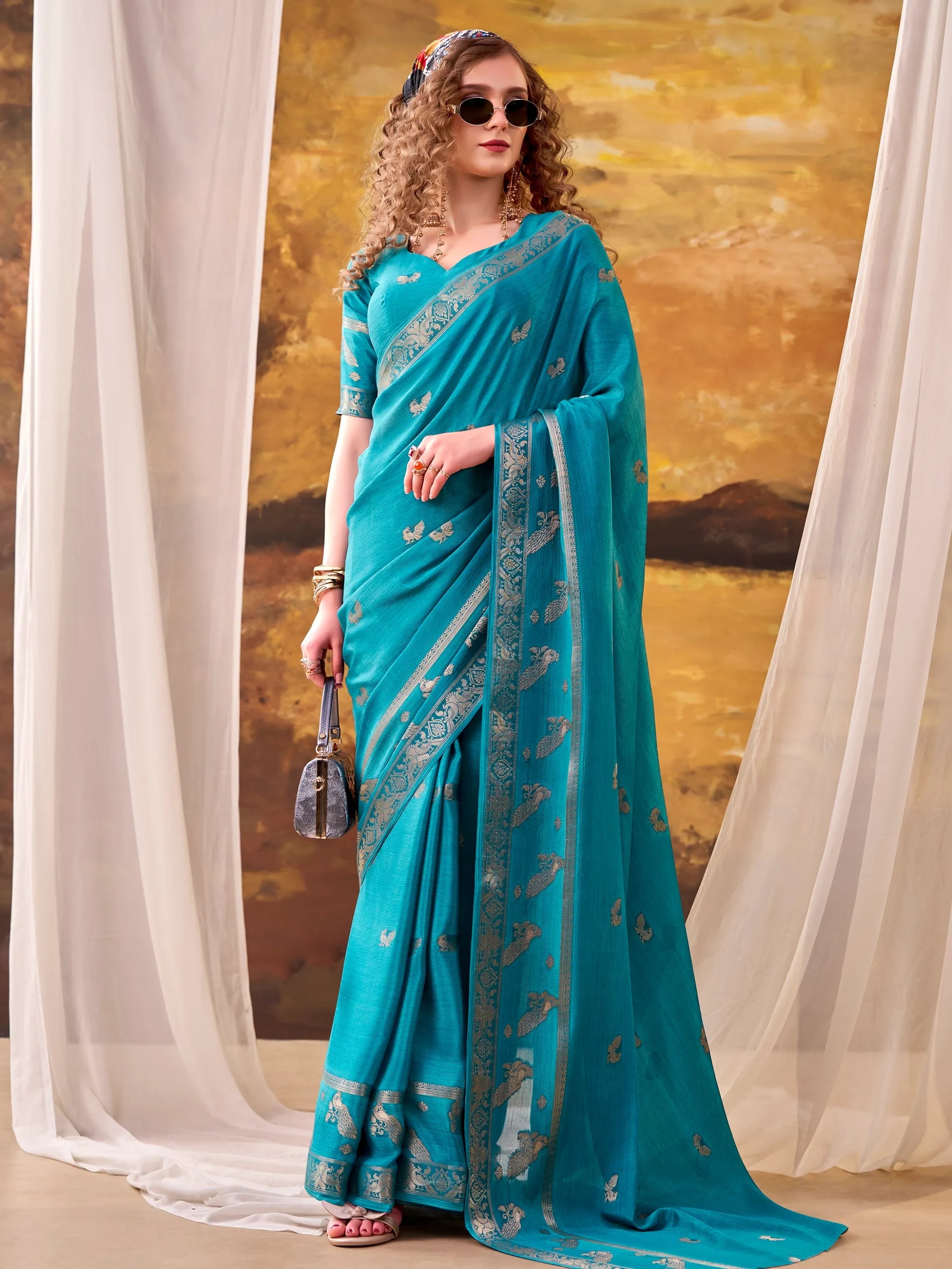 Teal Bewitching Zari Weaving Crepe Festive Wear Saree With Blouse