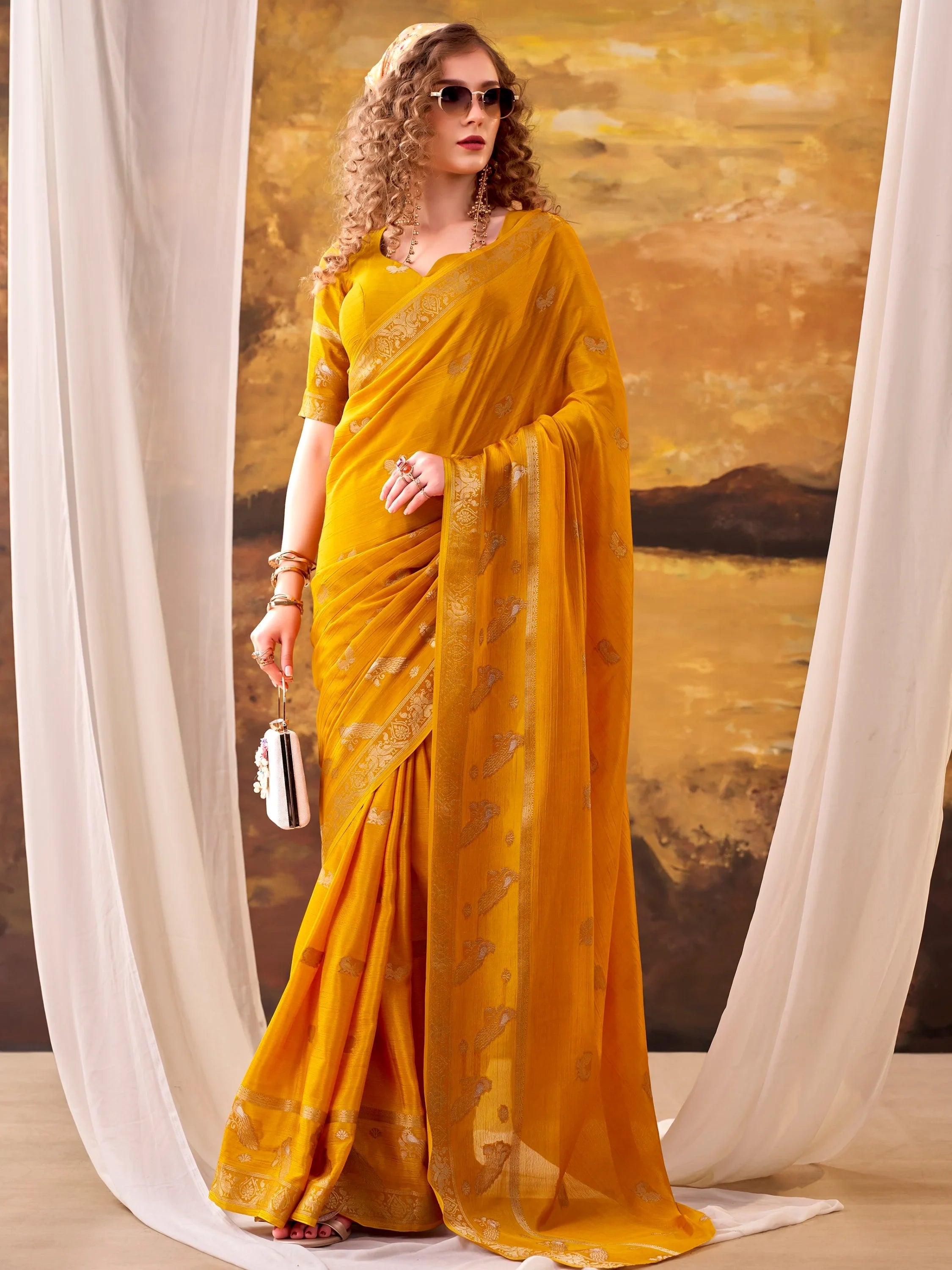 Mustard Bewitching Zari Weaving Crepe Festive Wear Saree With Blouse