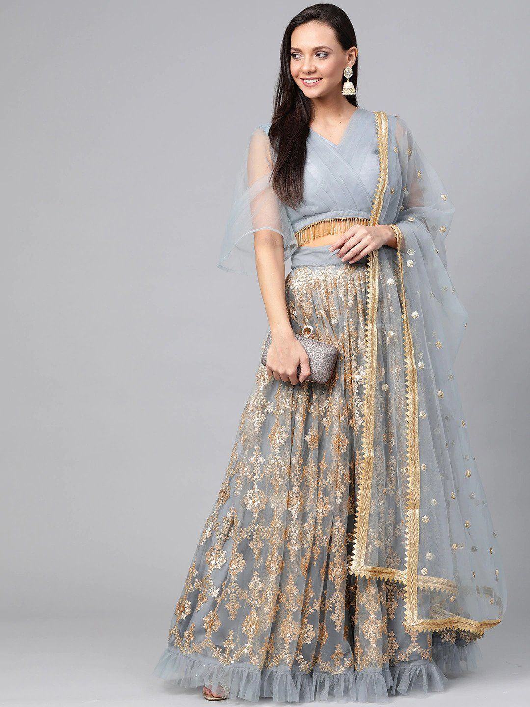 Grey & Golden Semi-Stitched Embellished Myntra Lehenga & Unstitched Blouse with Dupatta