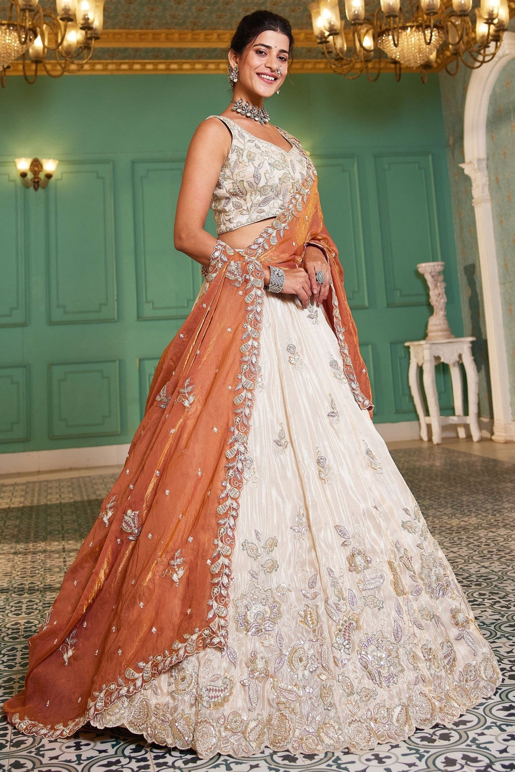 Premium Pure Tissue Ivory Orange Designer Lehenga Choli For Wedding & Festive Wear