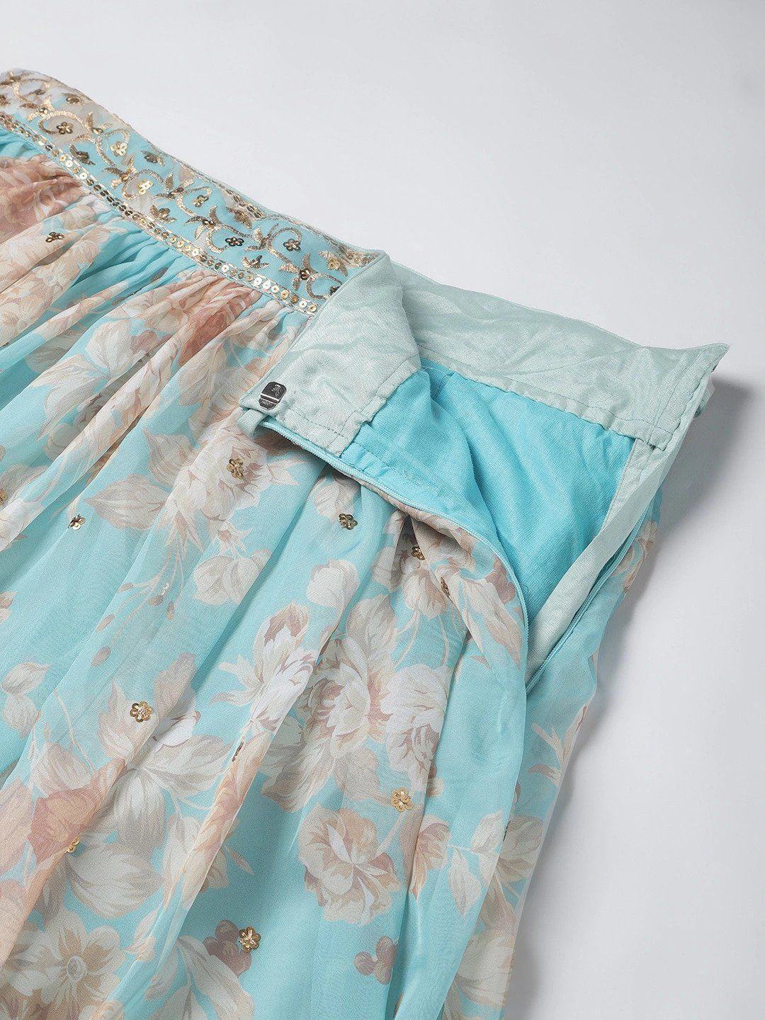 Blue & Peach-Coloured Embellished Sequinned Myntra Lehenga & Unstitched Blouse