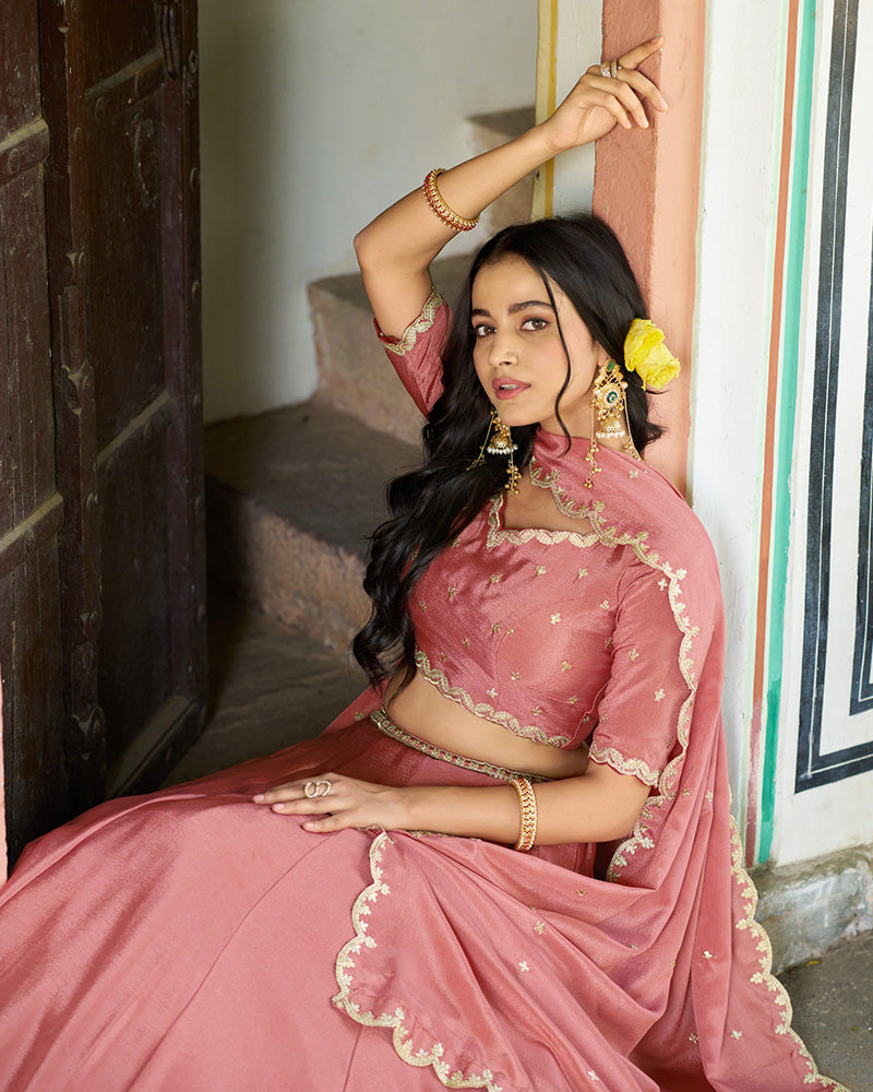 Peach Chinon Designer Lehenga Choli with Embroidery for Festive Occasions